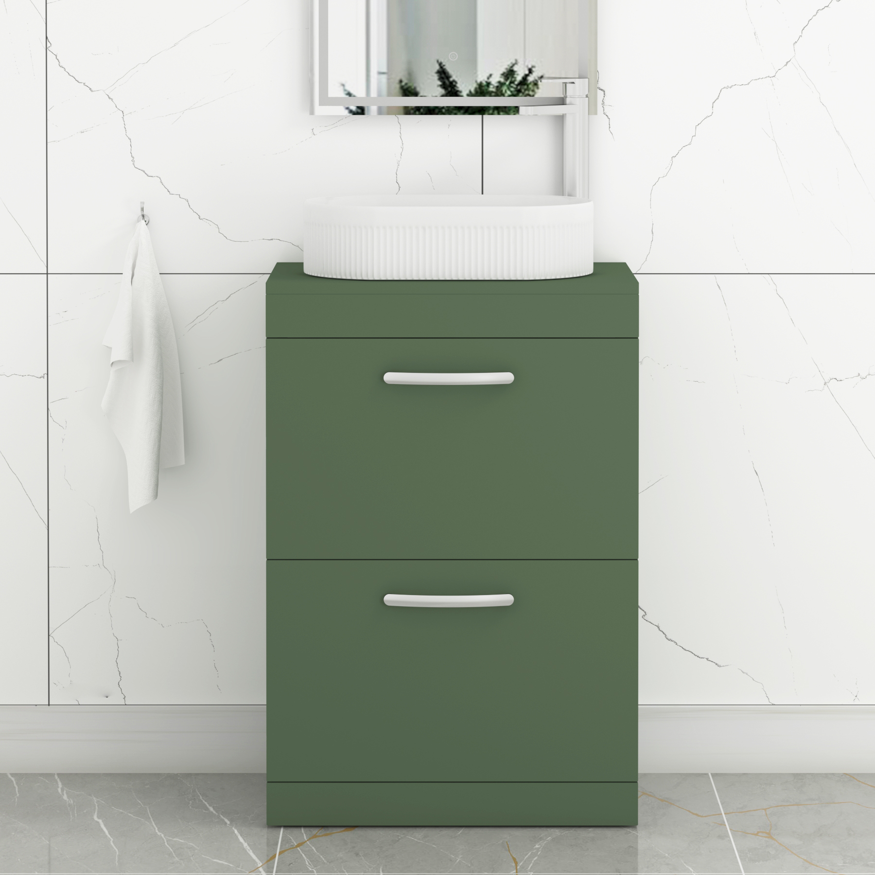 Turin 500mm Floor Standing Vanity Unit 2 Drawer Matte Green & Various Countertop Basins