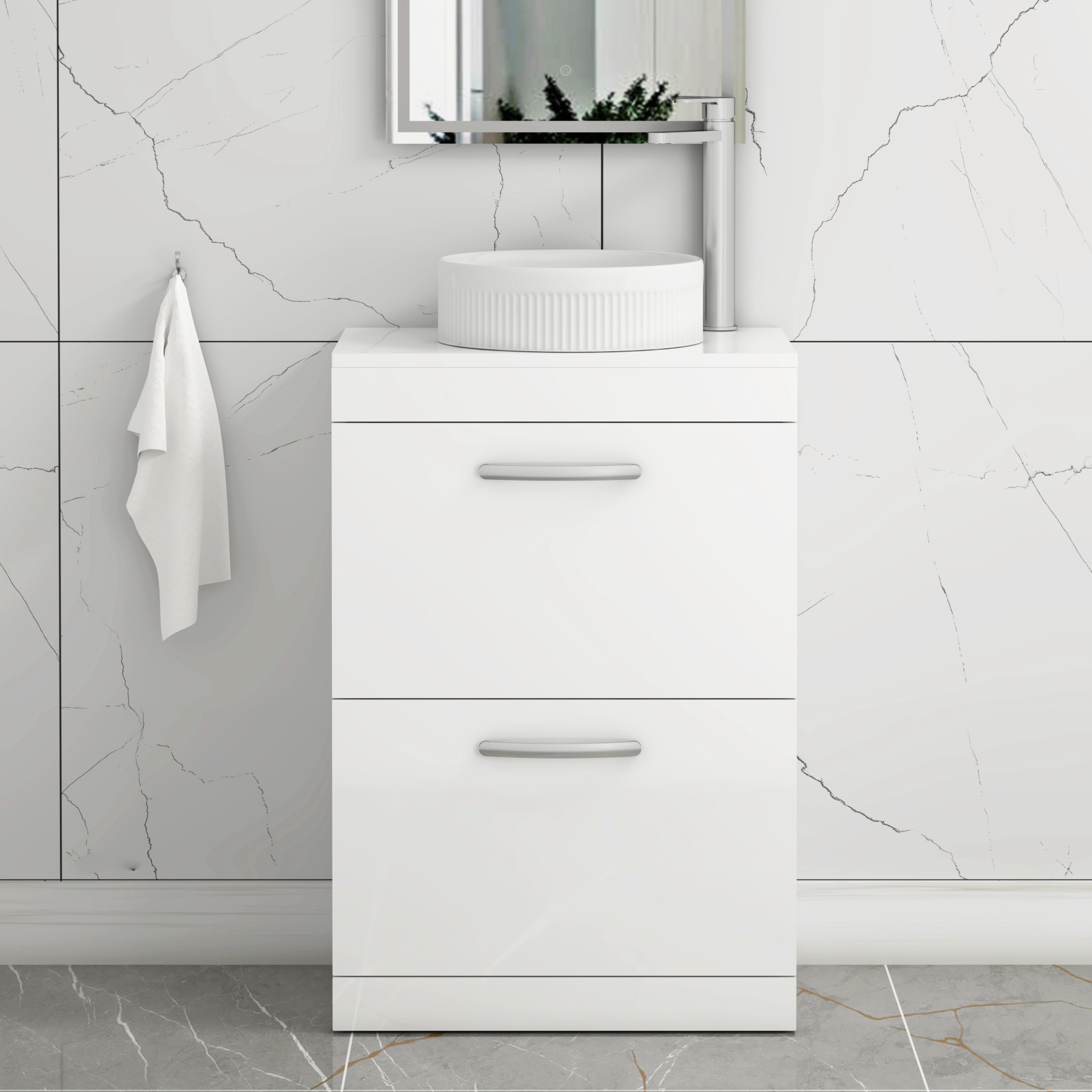 Turin 800mm Floor Standing Vanity Unit 2 Drawer Gloss White & Countertop Basin - Round