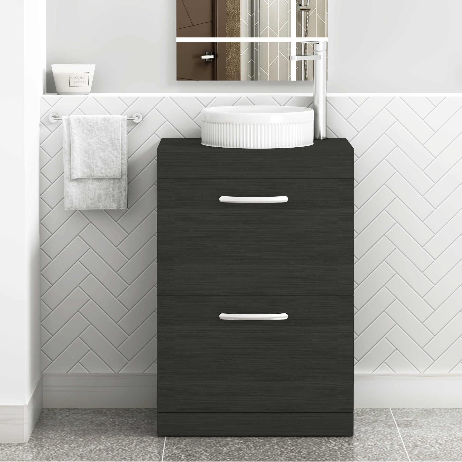 Turin 500mm Floor Standing Vanity Unit 2 Drawer Hale Black & Countertop Basin - Round