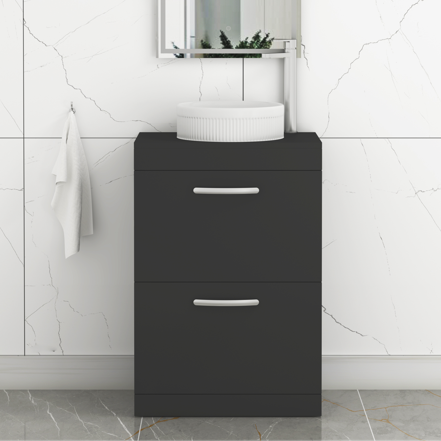 Turin 800mm Floor Standing Vanity Unit 2 Drawer Matte Black & Countertop Basin - Round
