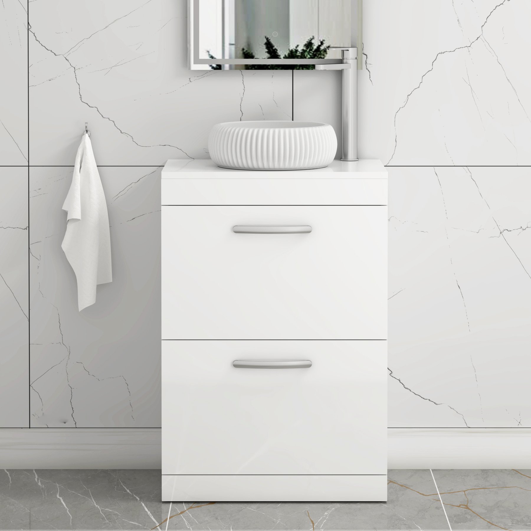 Turin 800mm Floor Standing Vanity Unit 2 Drawer Gloss White & Countertop Basin - Milan