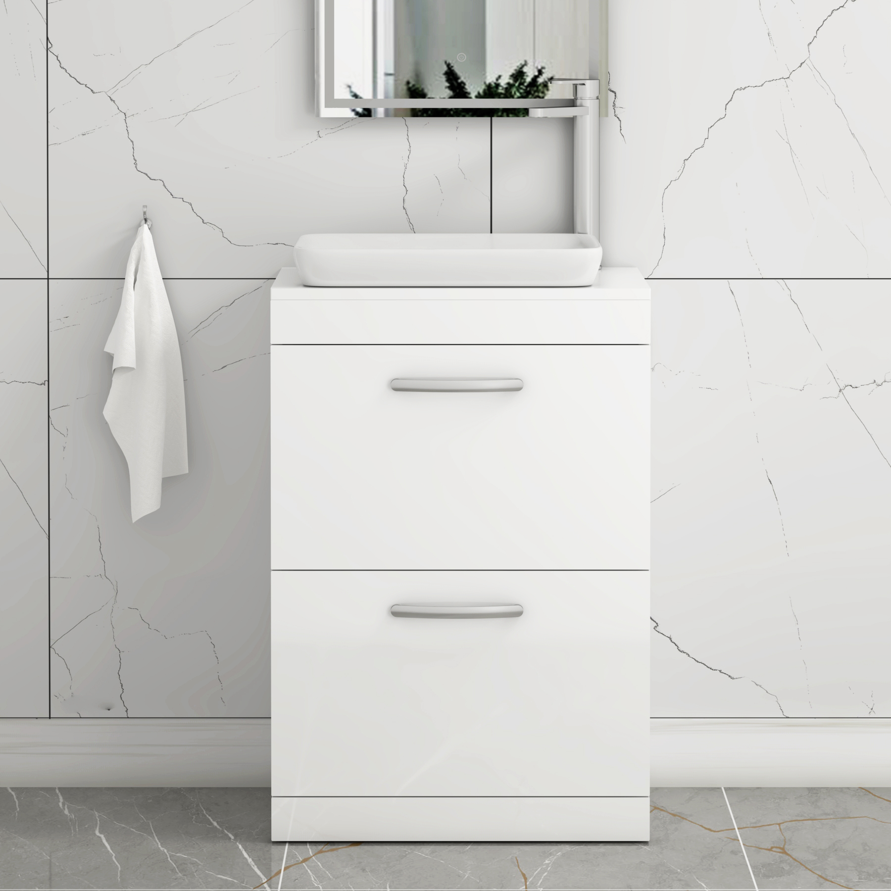 Turin 800mm Floor Standing Vanity Unit 2 Drawer Gloss White & Countertop Basin - Qubix