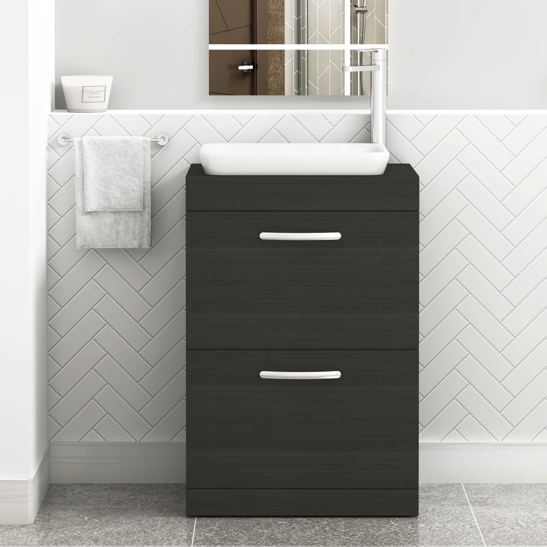 Turin 600mm Floor Standing Vanity Unit 2 Drawer Hale Black & Countertop Basin - Qubix