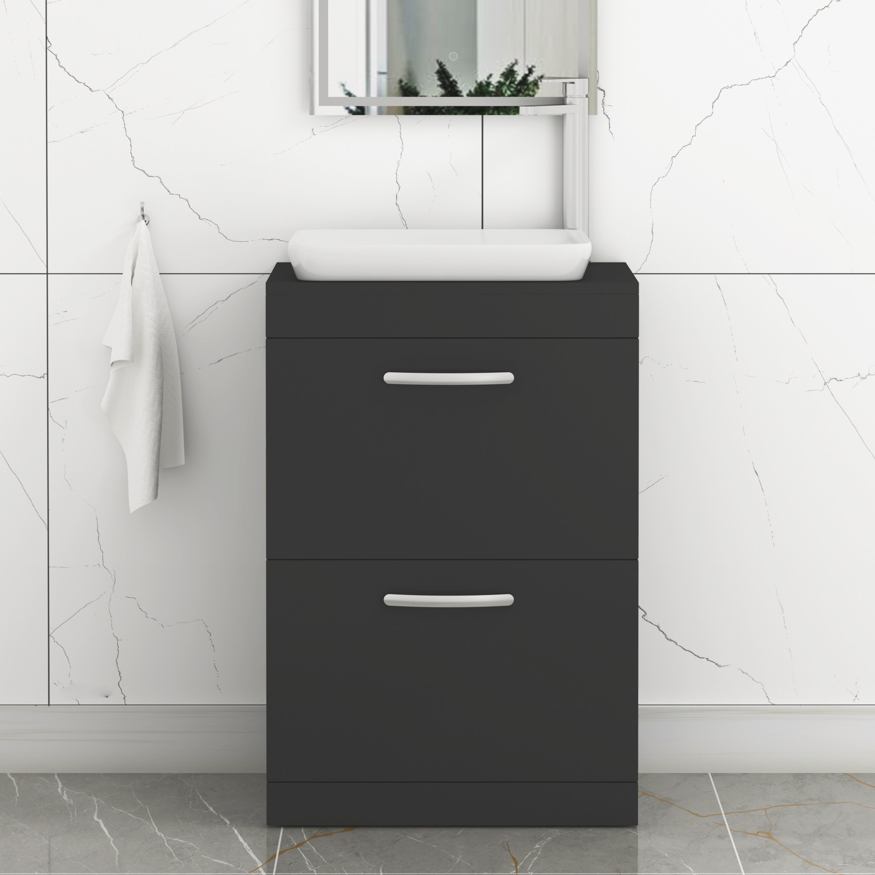 Turin 800mm Floor Standing Vanity Unit 2 Drawer Matte Black & Countertop Basin - Qubix