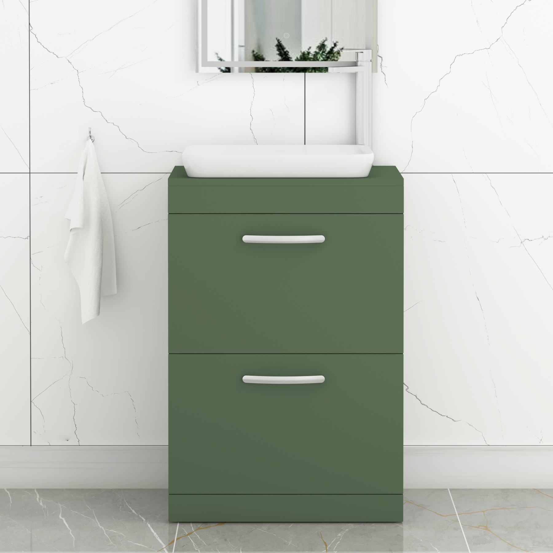 Turin 500mm Floor Standing Vanity Unit 2 Drawer Matte Green & Countertop Basin - Qubix