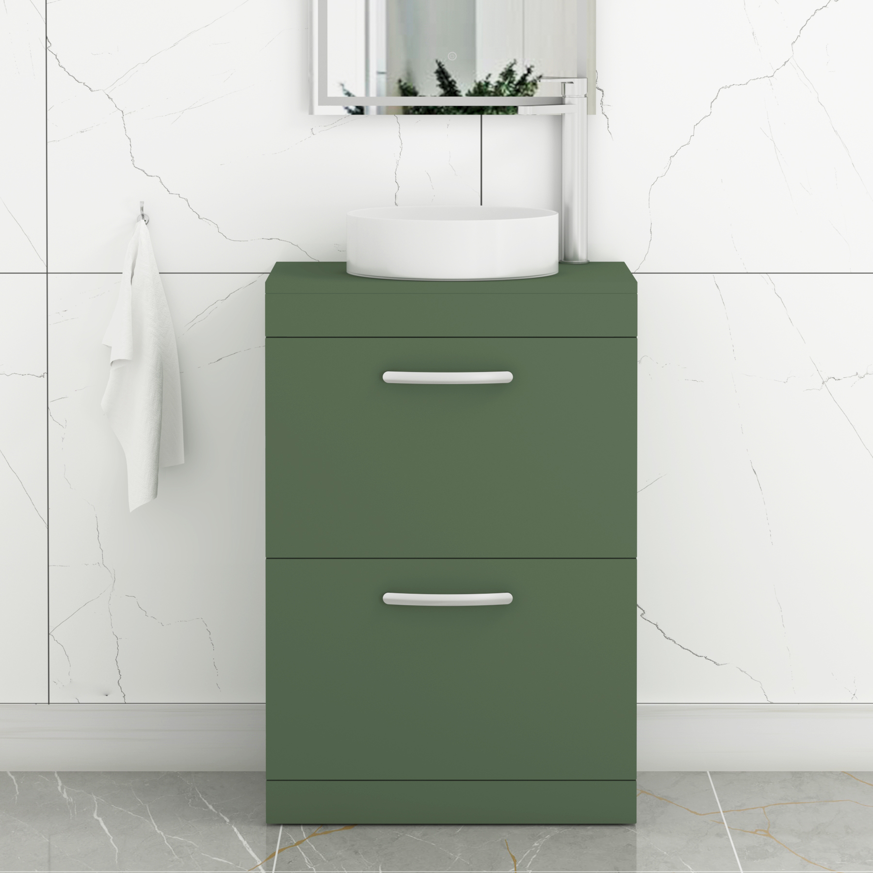 Turin 600mm Matte Green Floor Standing Worktop Vanity Unit - 2 Drawers