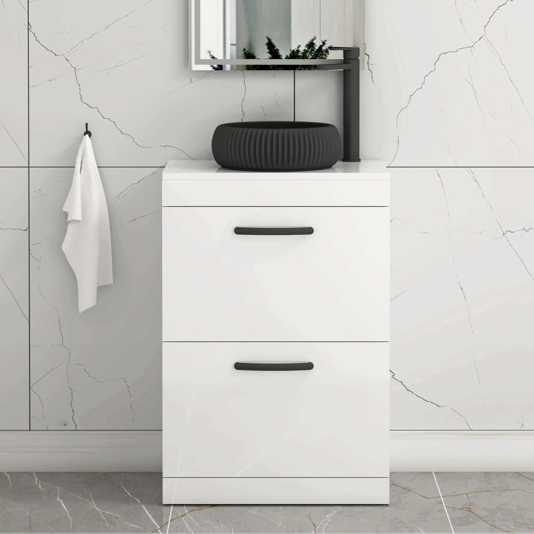 Turin 800mm Floor Standing Vanity Unit 2 Drawer Gloss White & Countertop Basin - Milan Black