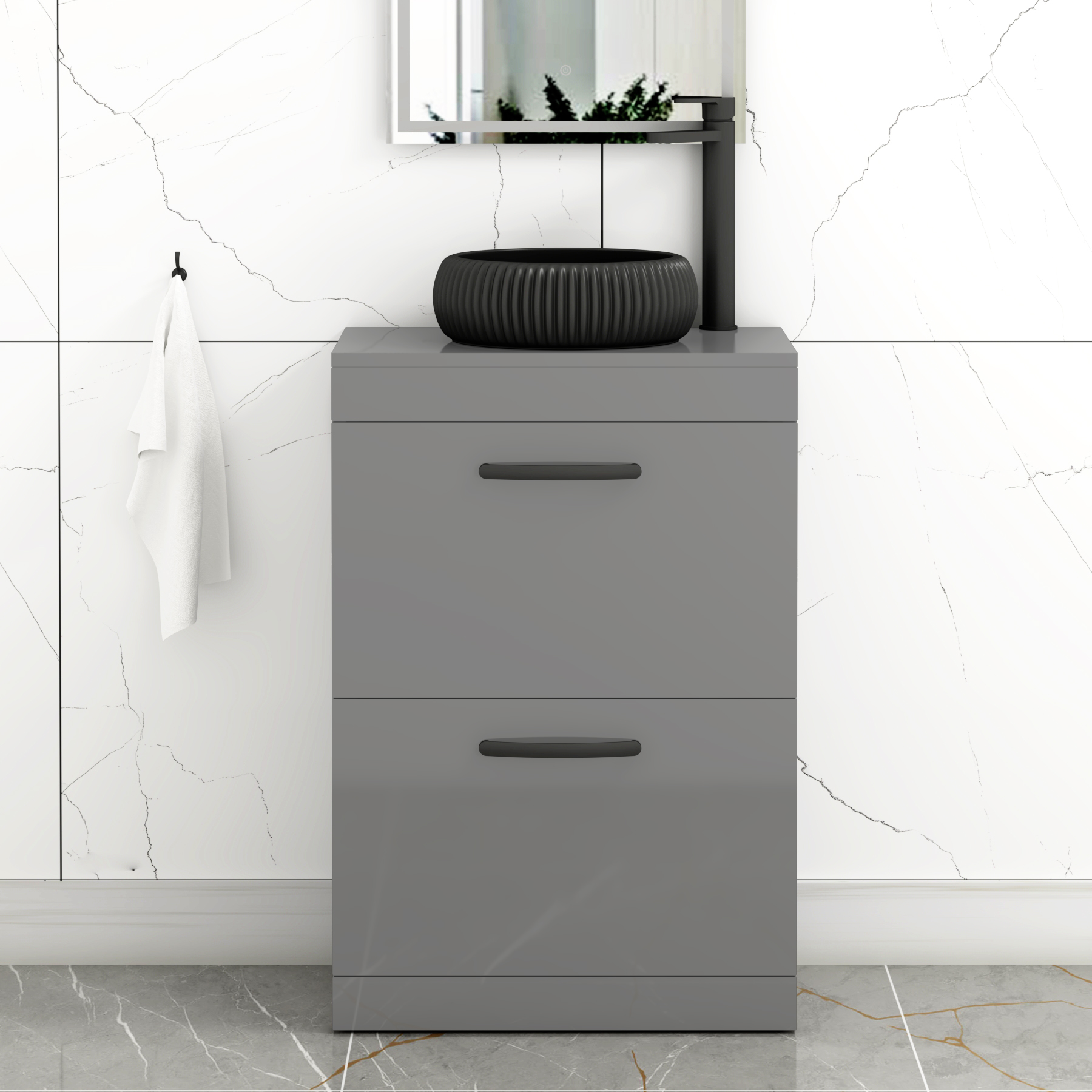 Turin 800mm Floor Standing Vanity Unit 2 Drawer Indigo Grey Gloss & Countertop Basin - Milan Black