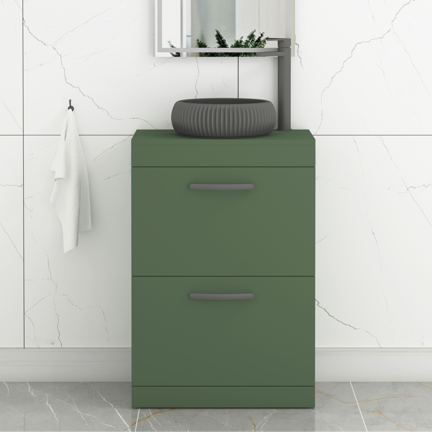 Turin 600mm Floor Standing Vanity Unit 2 Drawer Matte Green & Countertop Basin - Milan Black