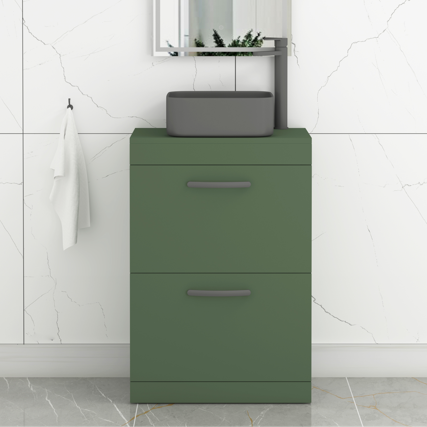 Turin 800mm Floor Standing Vanity Unit 2 Drawer Matte Green & Various Countertop Basins