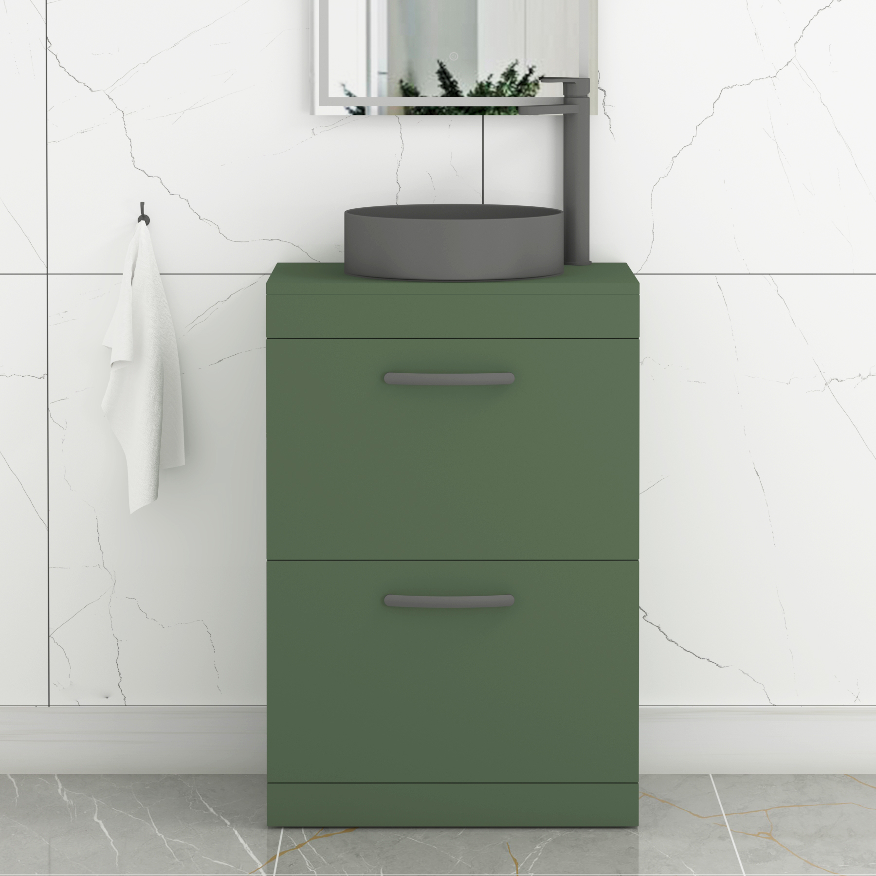 Turin 600mm Floor Standing Vanity Unit 2 Drawer Matte Green & Various Countertop Basins