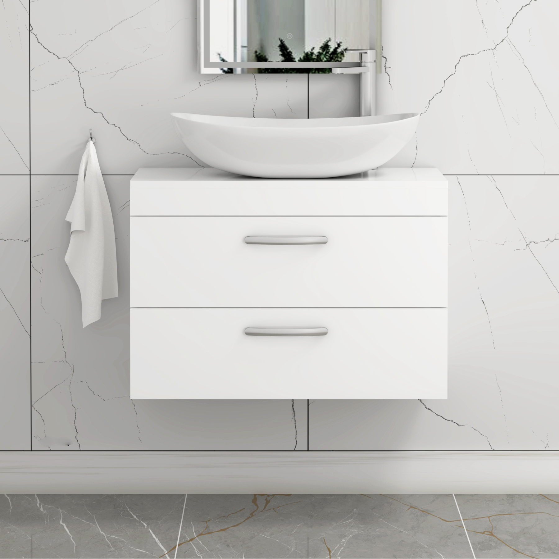 Turin 600mm Wall Hung Vanity Unit 2 Drawer Gloss White & Countertop Basin - Cesar
