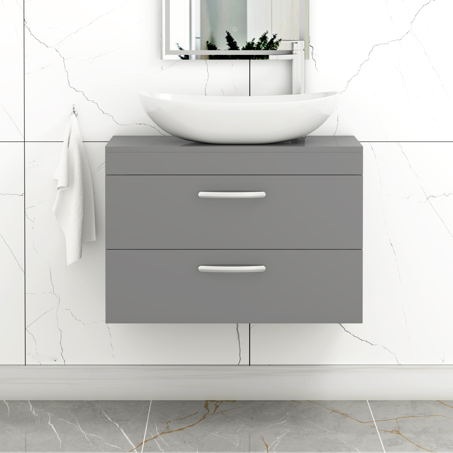 Turin 500mm Wall Hung Vanity Unit 2 Drawer Indigo Grey Gloss & Countertop Basin - Cesar