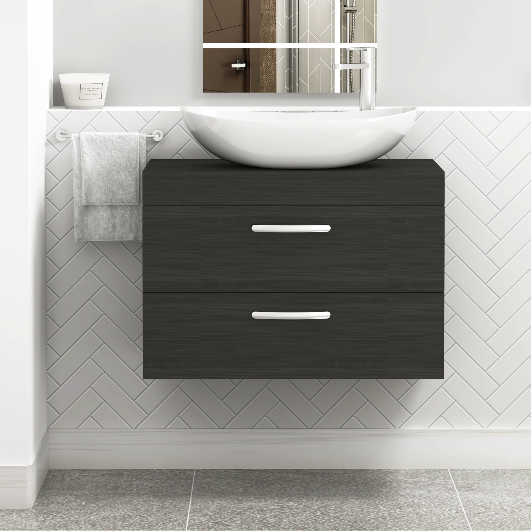 Turin 500mm Wall Hung Vanity Unit 2 Drawer Hale Black & Countertop Basin - Cesar