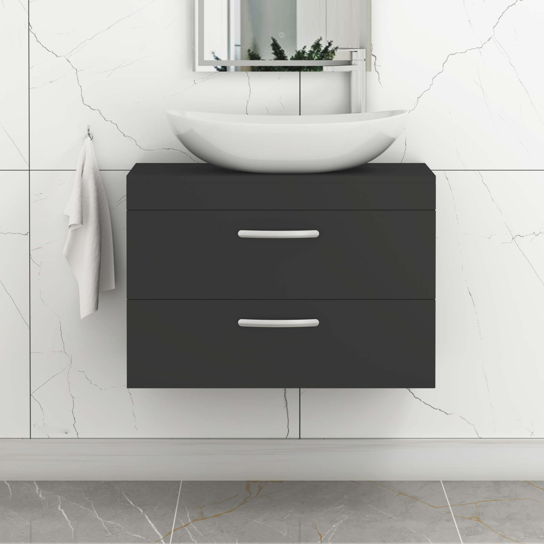 Turin 800mm Wall Hung Vanity Unit 2 Drawer Matte Black & Countertop Basin - Cesar