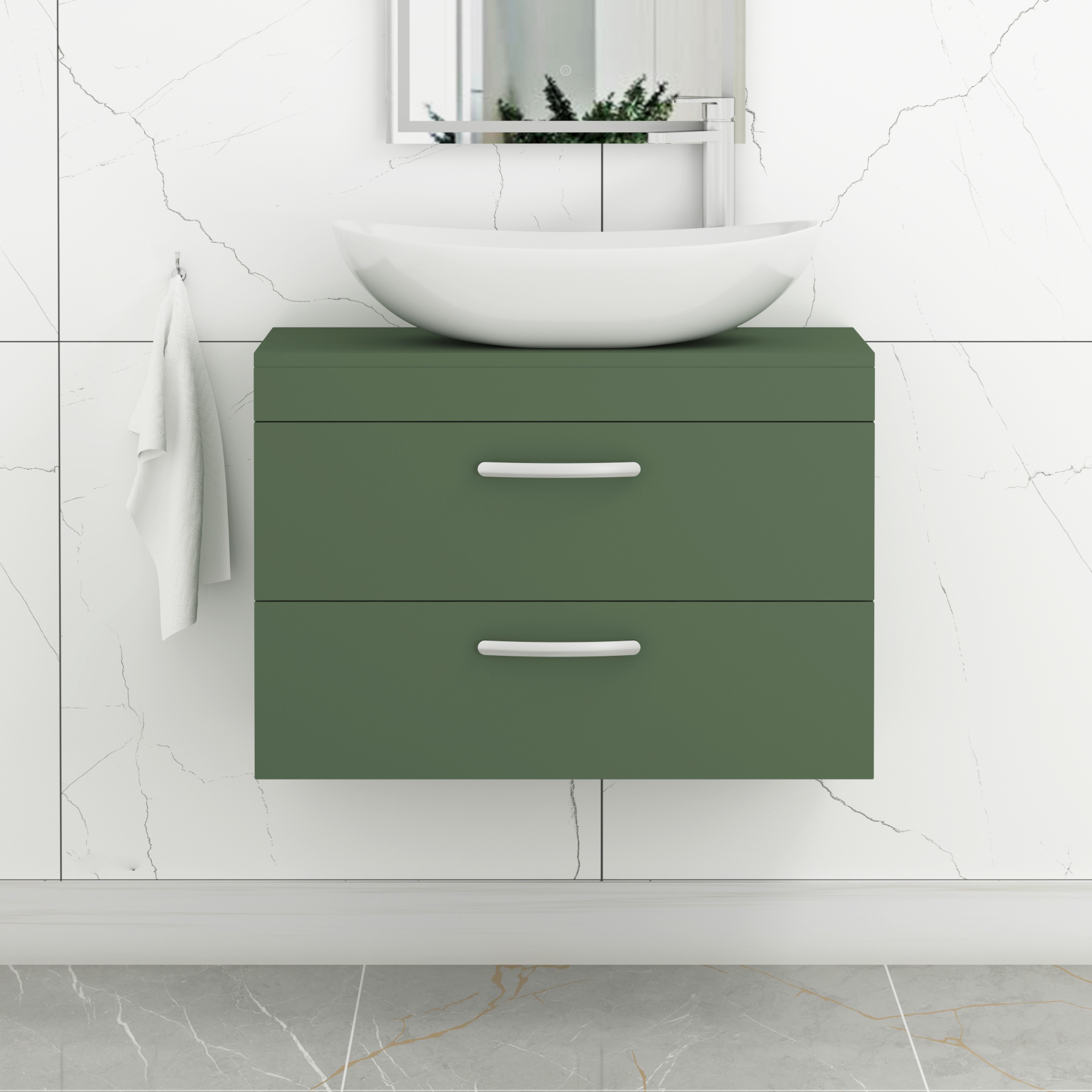 Turin 800mm Wall Hung Vanity Unit 2 Drawer Matte Green & Countertop Basin - Cesar