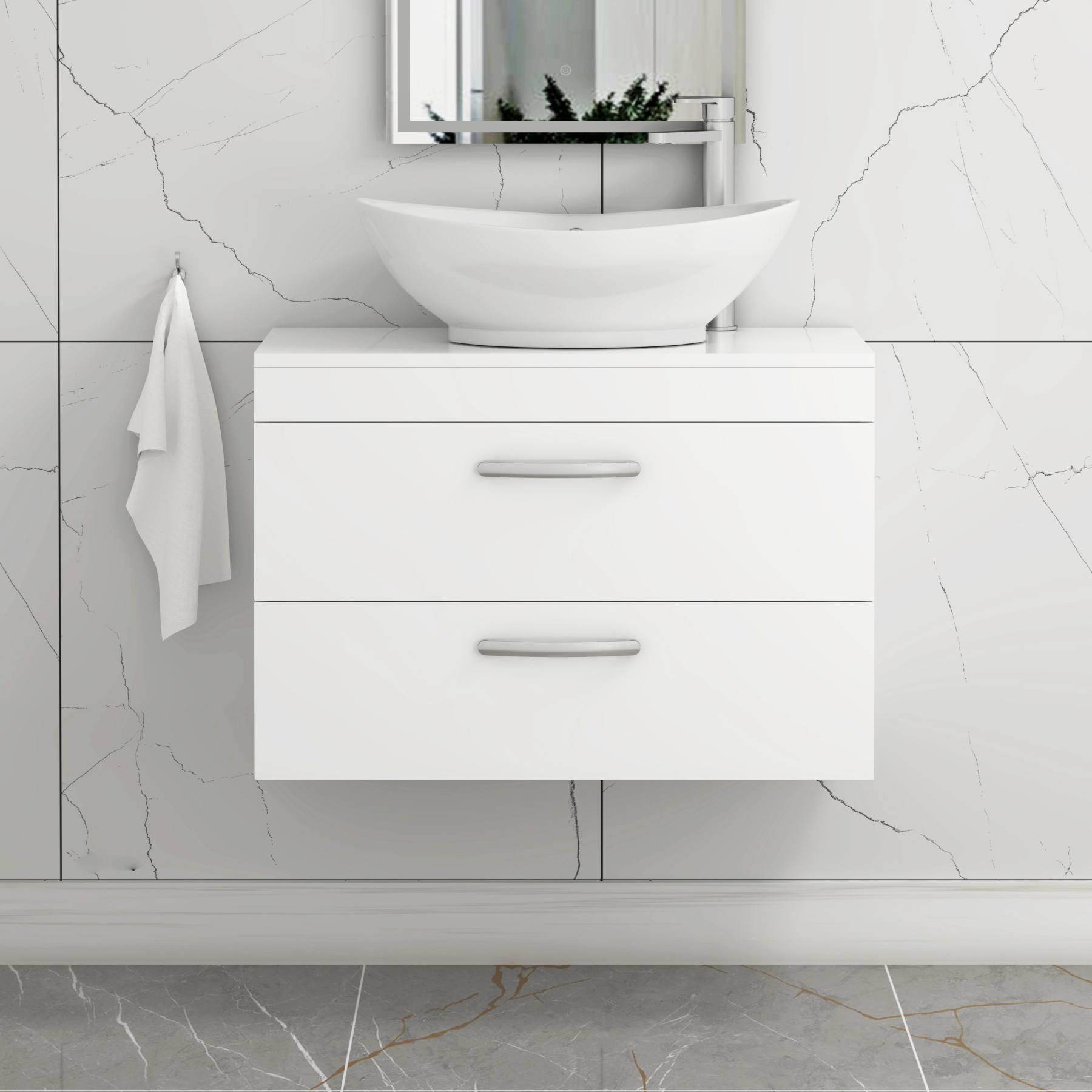 Turin 800mm Wall Hung Vanity Unit 2 Drawer Gloss White & Countertop Basin - Amaze