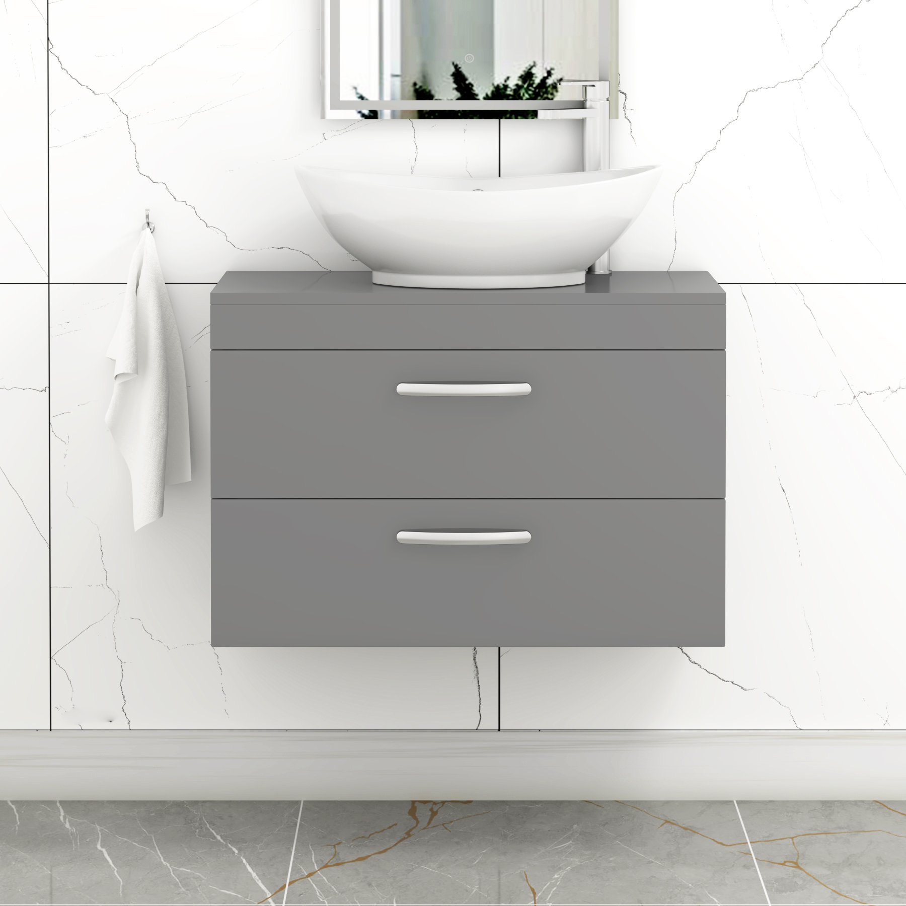 Turin 500mm Wall Hung Vanity Unit 2 Drawer Indigo Grey Gloss & Countertop Basin - Amaze