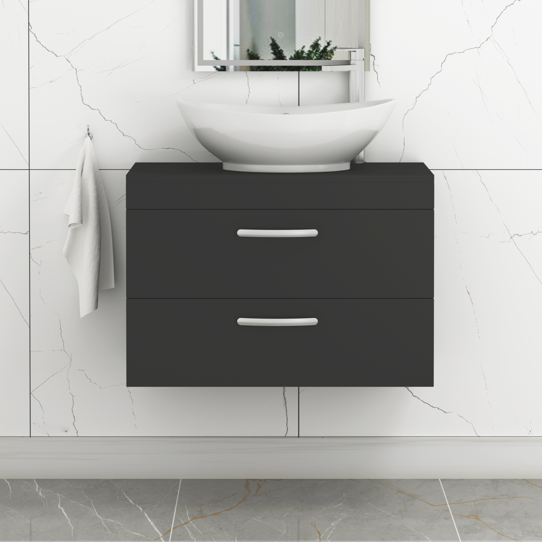 Turin 600mm Wall Hung Vanity Unit 2 Drawer Matte Black & Countertop Basin - Amaze