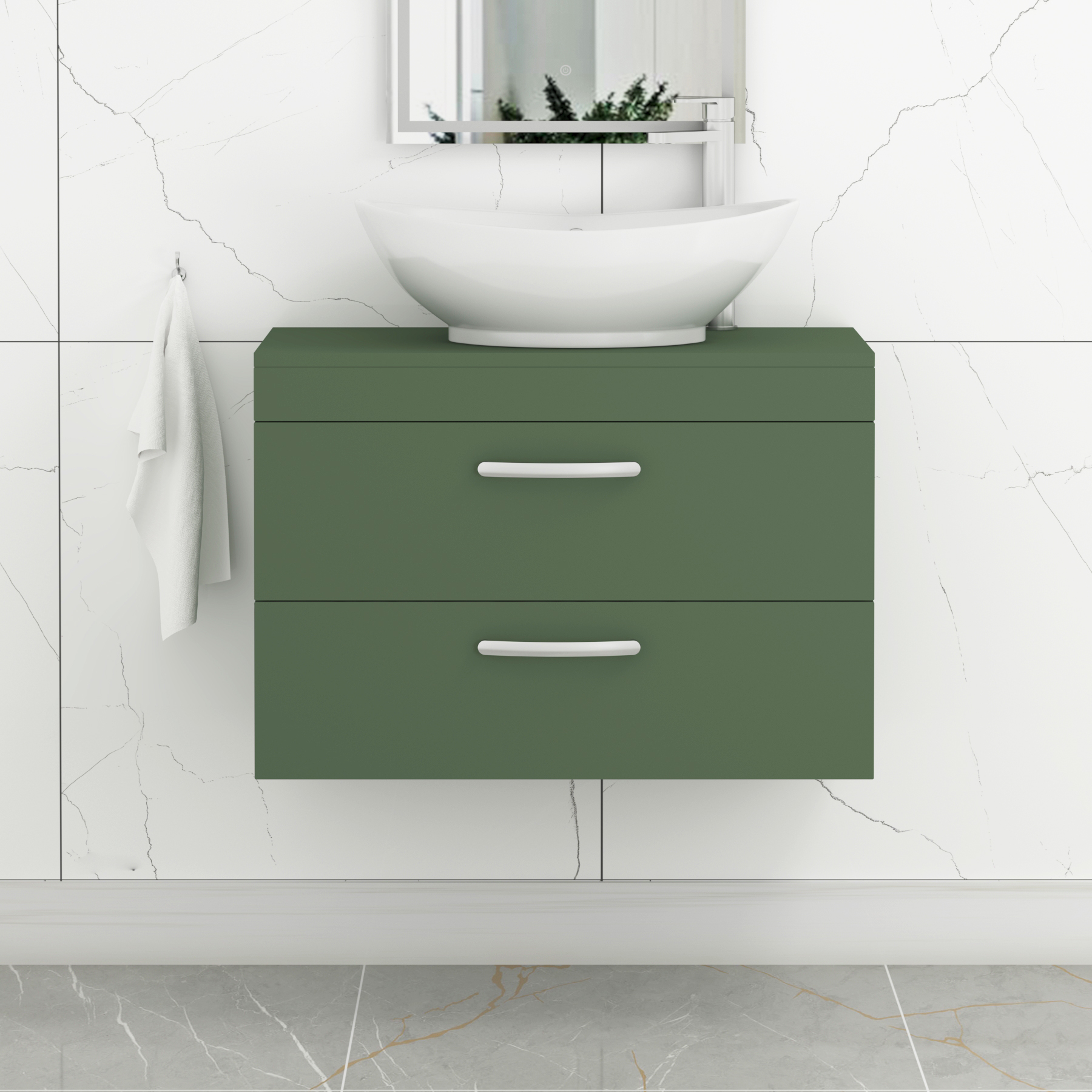 Turin 500mm Wall Hung Vanity Unit 2 Drawer Matte Green & Countertop Basin - Amaze