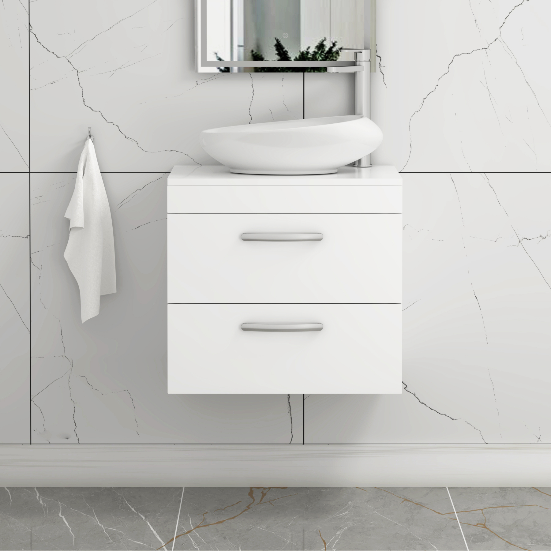 Turin 800mm Wall Hung Vanity Unit 2 Drawer Gloss White & Countertop Basin - Nova