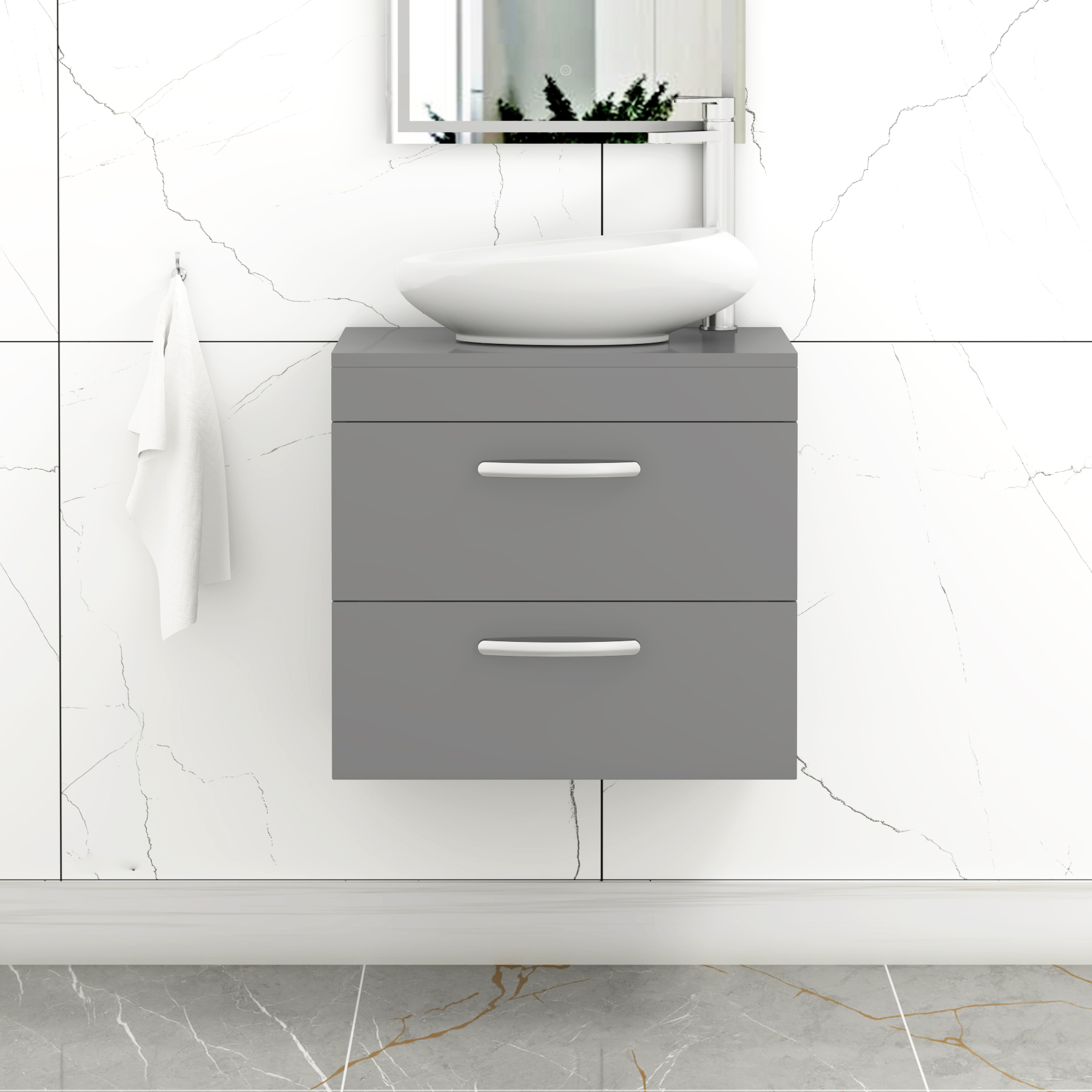 Turin 600mm Wall Hung Vanity Unit 2 Drawer Indigo Grey Gloss & Countertop Basin - Nova
