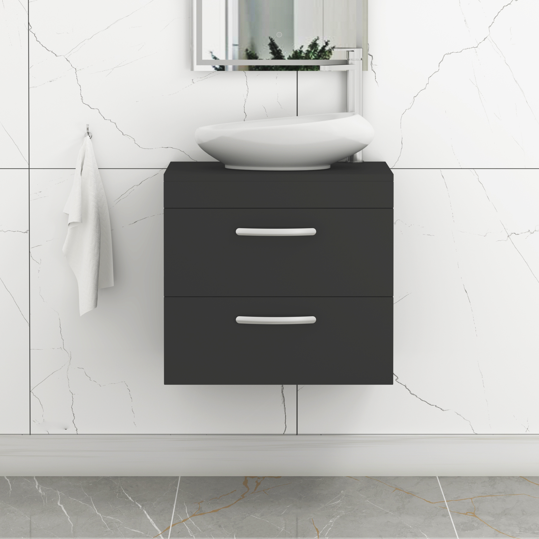 Turin 800mm Wall Hung Vanity Unit 2 Drawer Matte Black & Countertop Basin - Nova