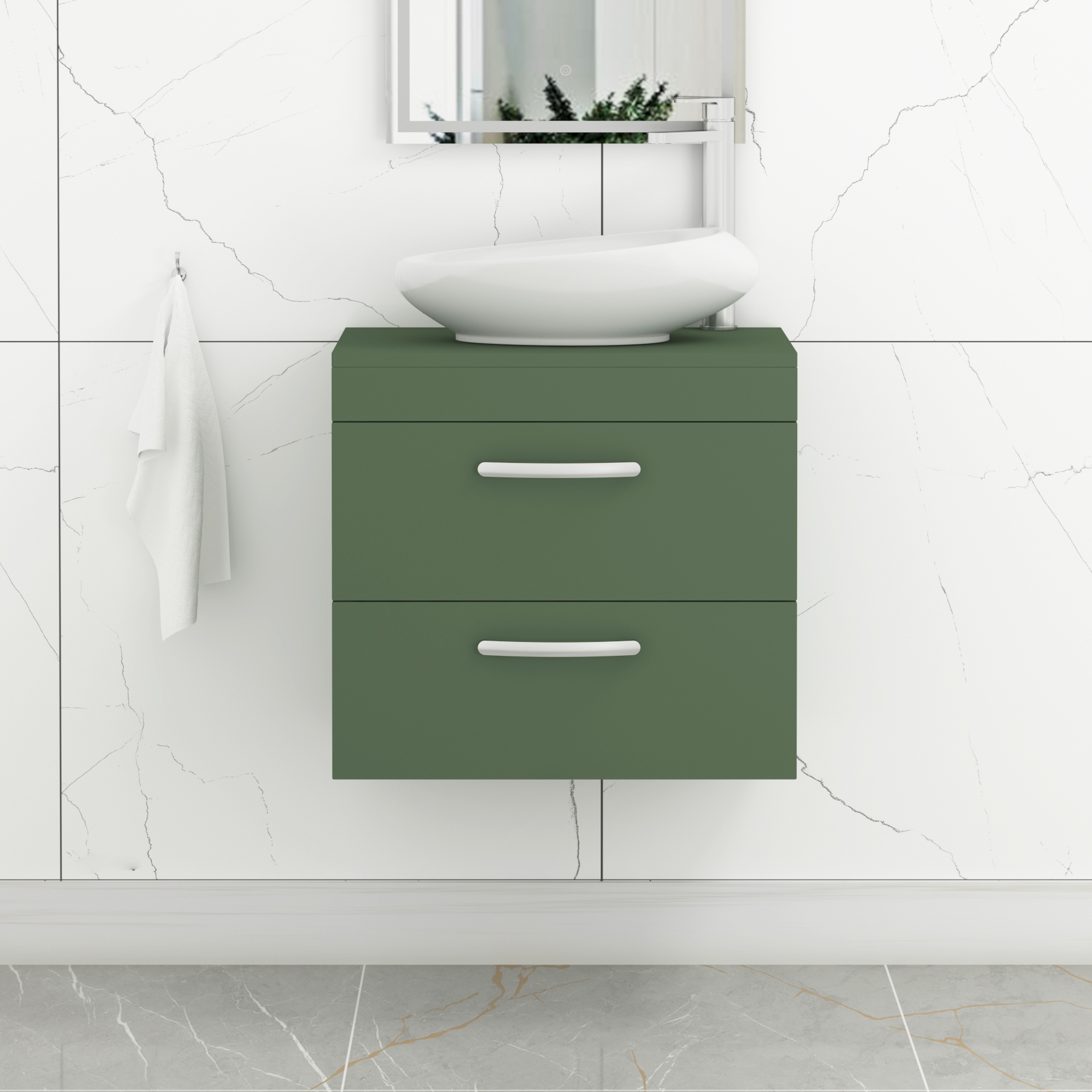 Turin 600mm Wall Hung Vanity Unit 2 Drawer Matte Green & Countertop Basin - Nova