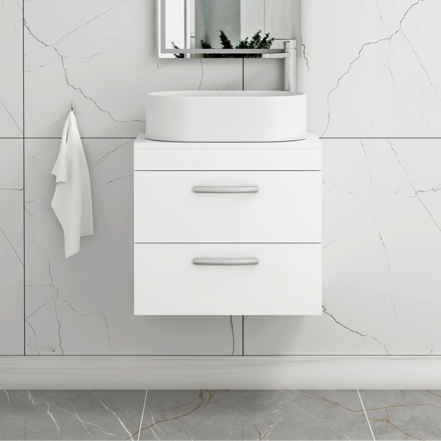 Turin 600mm Wall Hung Vanity Unit 2 Drawer Gloss White & Countertop Basin - Peak