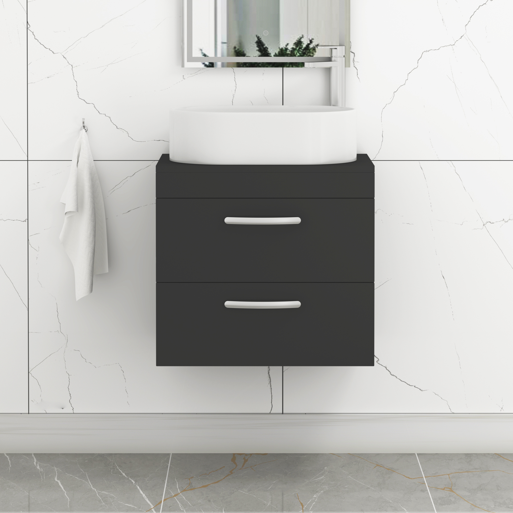 Turin 800mm Wall Hung Vanity Unit 2 Drawer Matte Black & Countertop Basin - Peak