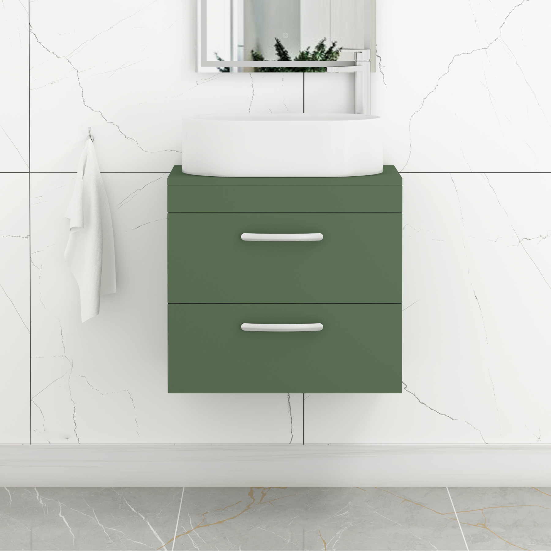 Turin 600mm Wall Hung Vanity Unit 2 Drawer Matte Green & Countertop Basin - Peak
