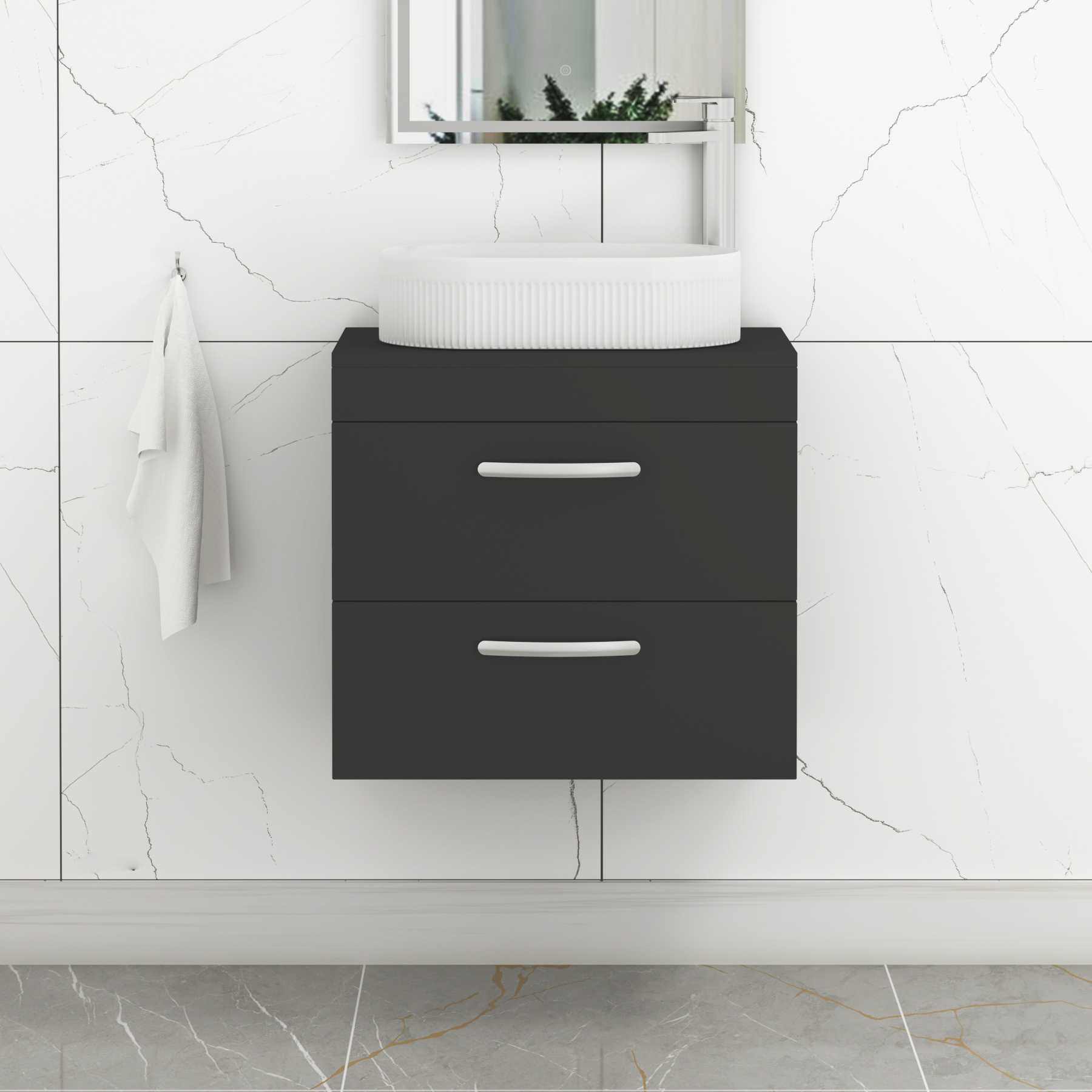 Turin 800mm Wall Hung Vanity Unit 2 Drawer Matte Black & Countertop Basin - Lyon