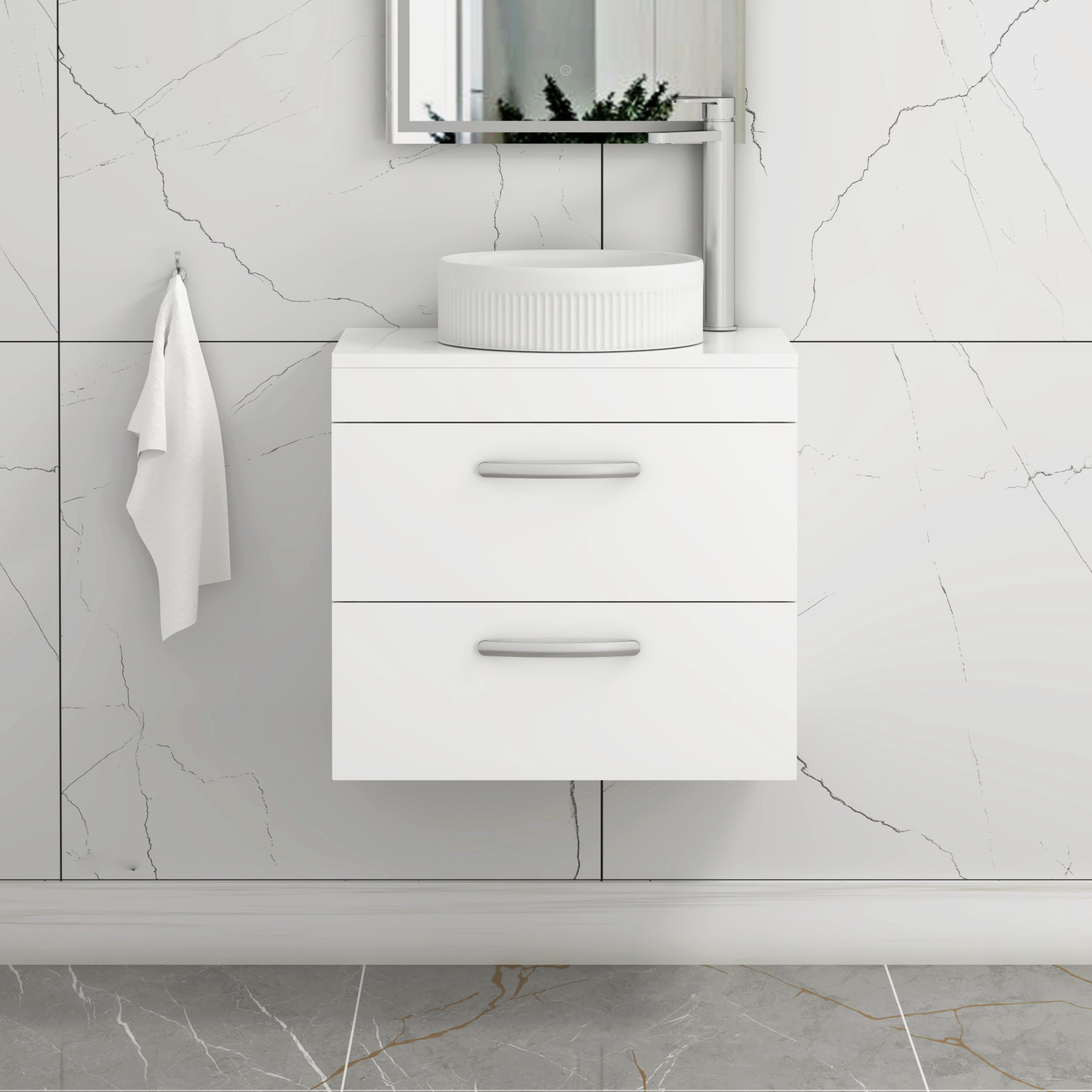 Turin 800mm Wall Hung Vanity Unit 2 Drawer Gloss White & Countertop Basin - Round