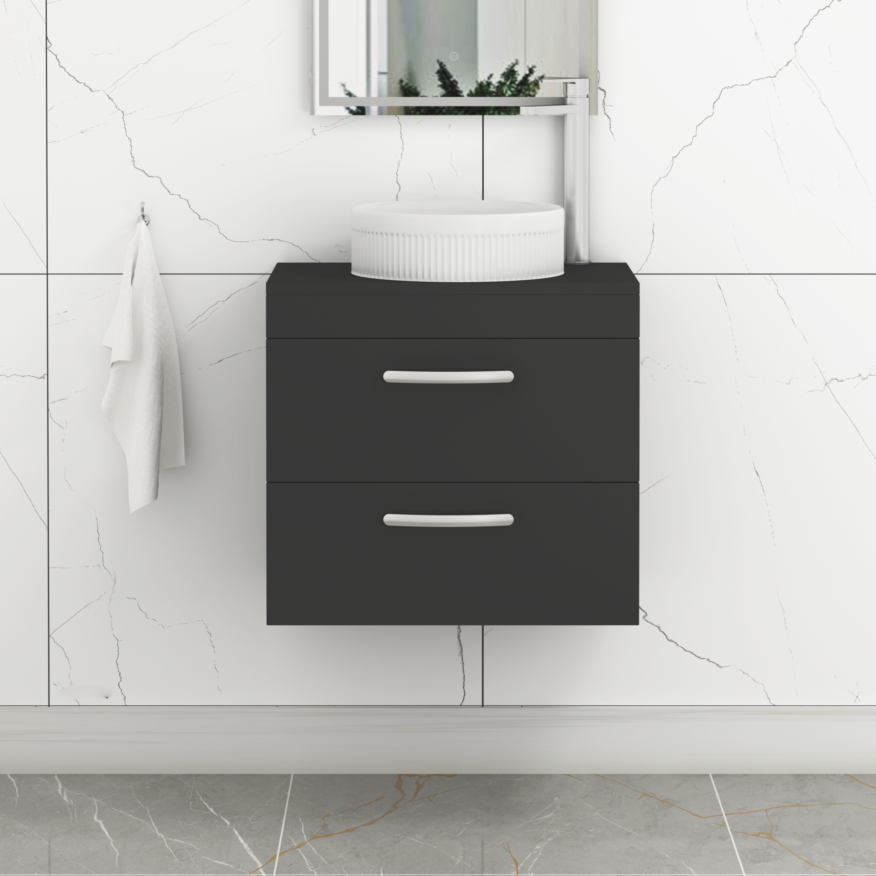Turin 500mm Wall Hung Vanity Unit 2 Drawer Matte Black & Countertop Basin - Round