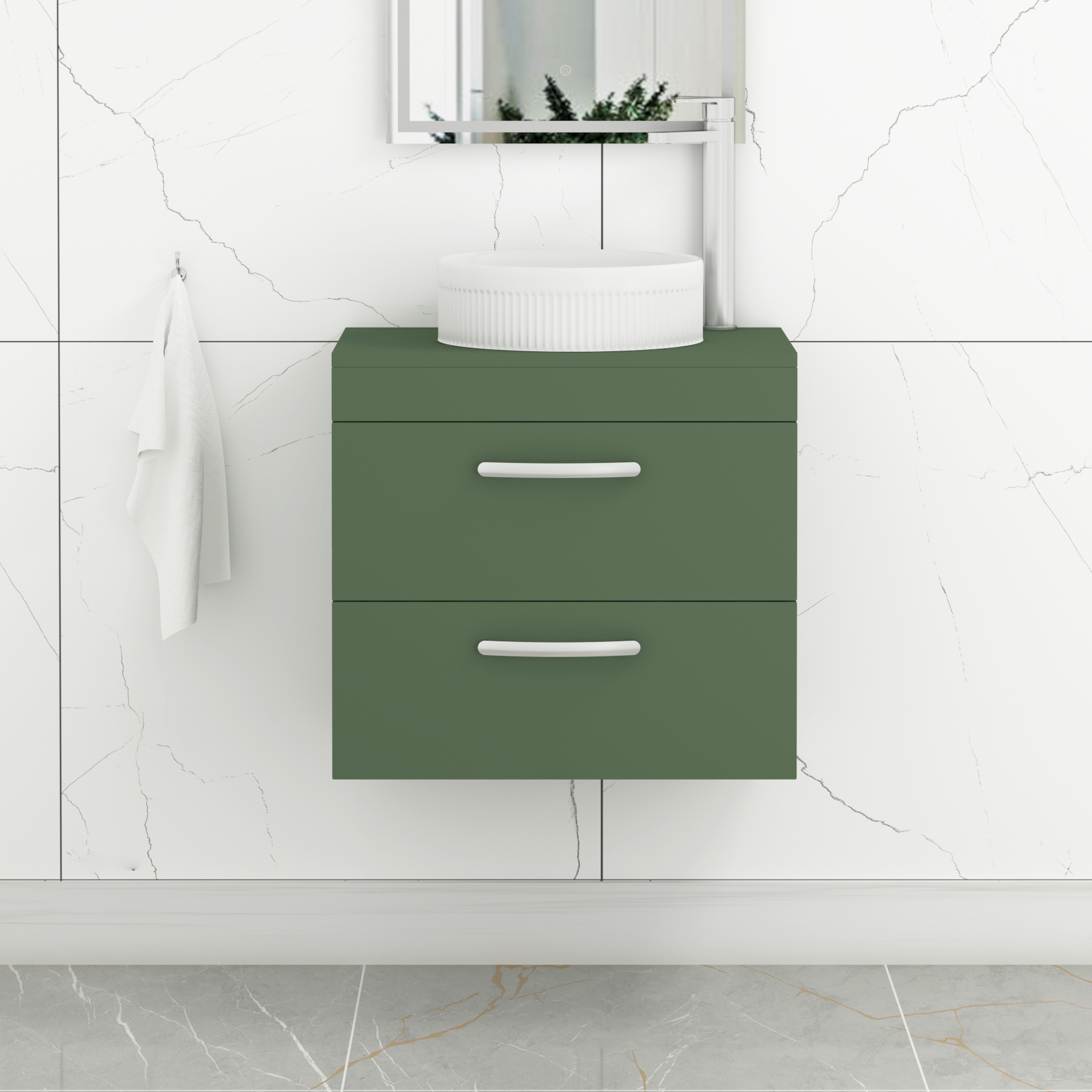 Turin 600mm Wall Hung Vanity Unit 2 Drawer Matte Green & Countertop Basin - Round