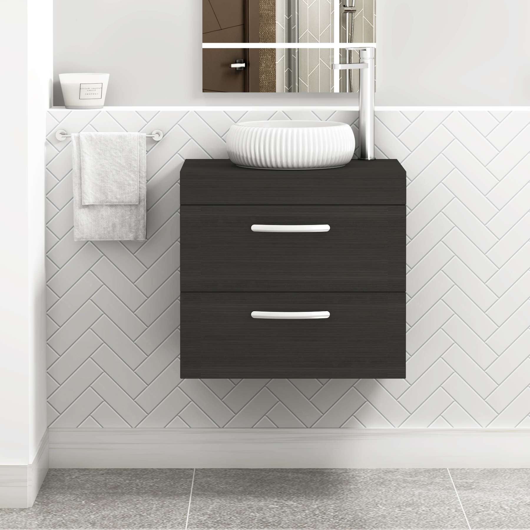 Turin 500mm Wall Hung Vanity Unit 2 Drawer Hale Black & Countertop Basin - Milan