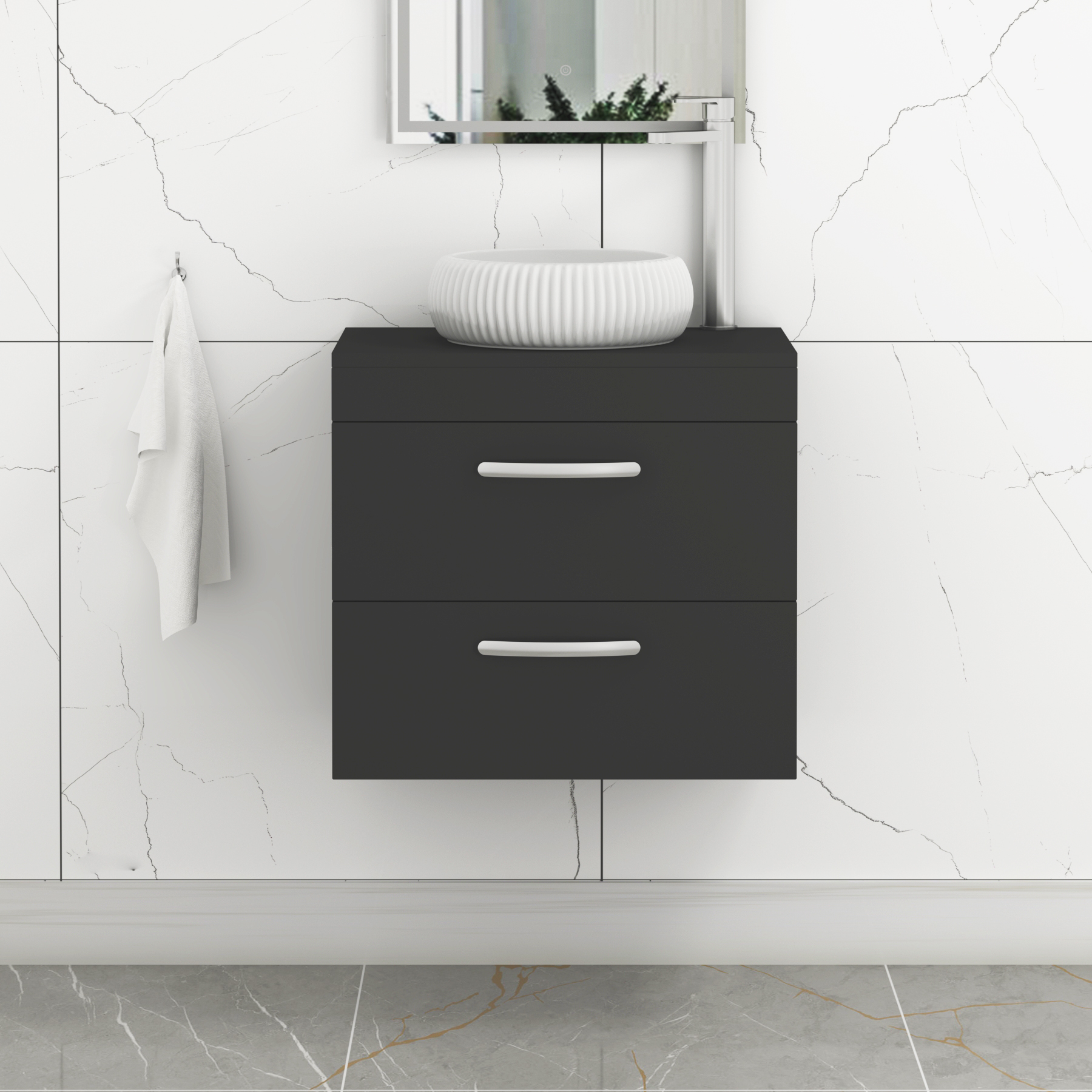 Turin 500mm Wall Hung Vanity Unit 2 Drawer Matte Black & Countertop Basin - Milan