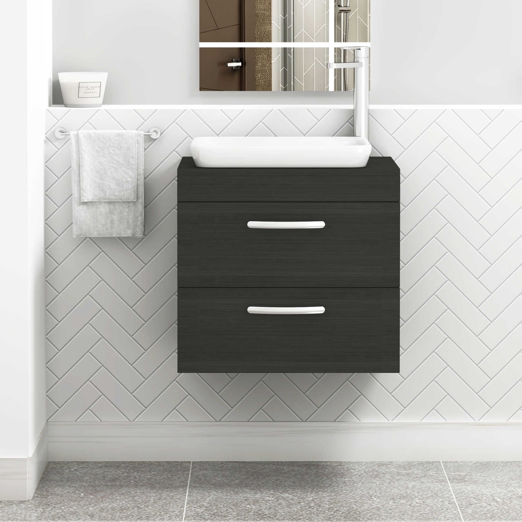 Turin 600mm Wall Hung Vanity Unit 2 Drawer Hale Black & Countertop Basin - Qubix