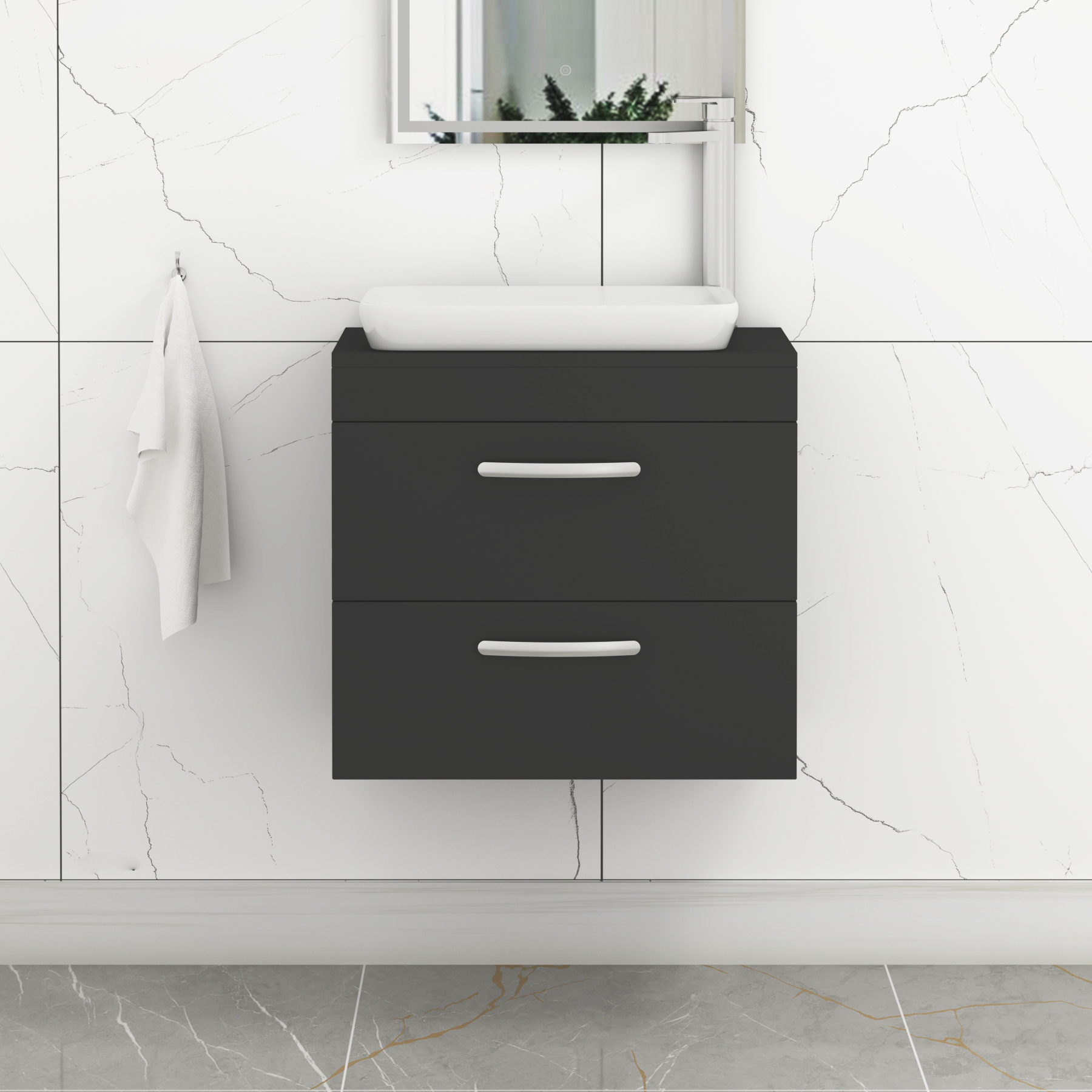 Turin 800mm Wall Hung Vanity Unit 2 Drawer Matte Black & Various Countertop Basins