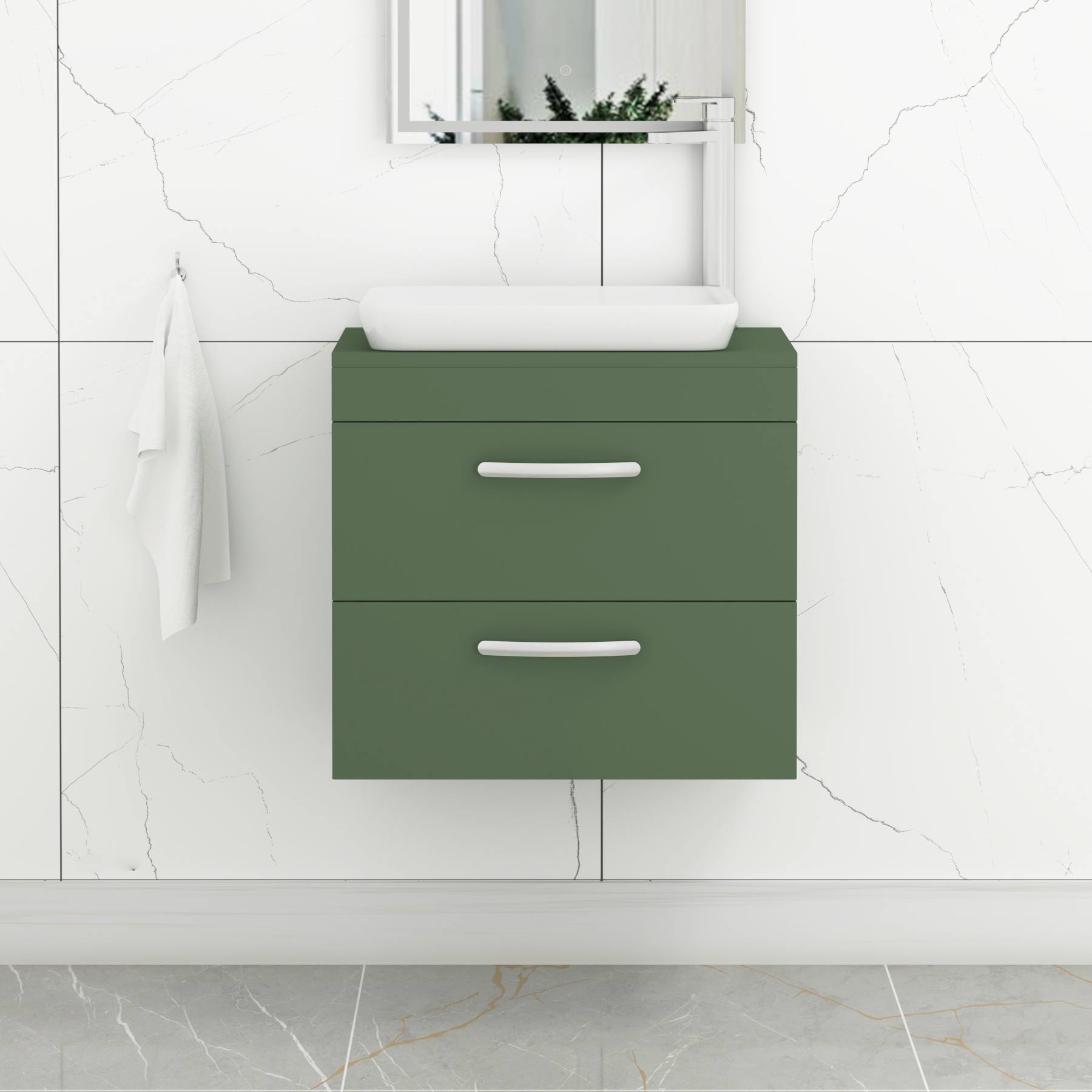 Turin 800mm Wall Hung Vanity Unit 2 Drawer Matte Green & Countertop Basin - Qubix