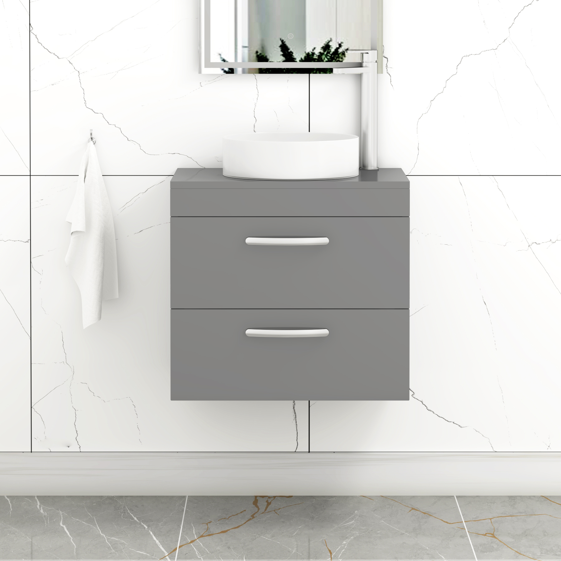 Turin 600mm Wall Hung Vanity Unit 2 Drawer Indigo Grey Gloss & Countertop Basin - Art