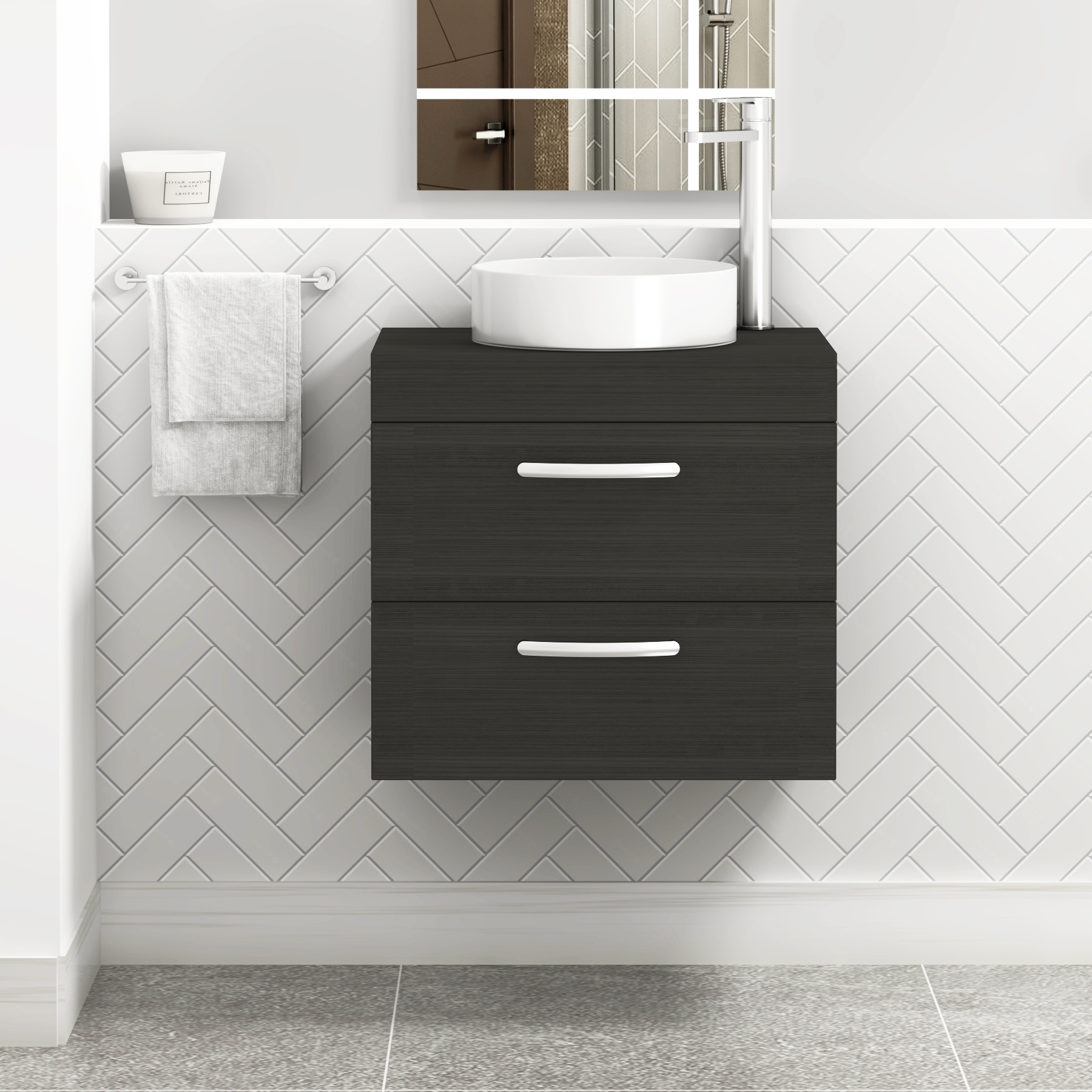 Turin 600mm Wall Hung Vanity Unit 2 Drawer Hale Black & Countertop Basin - Art