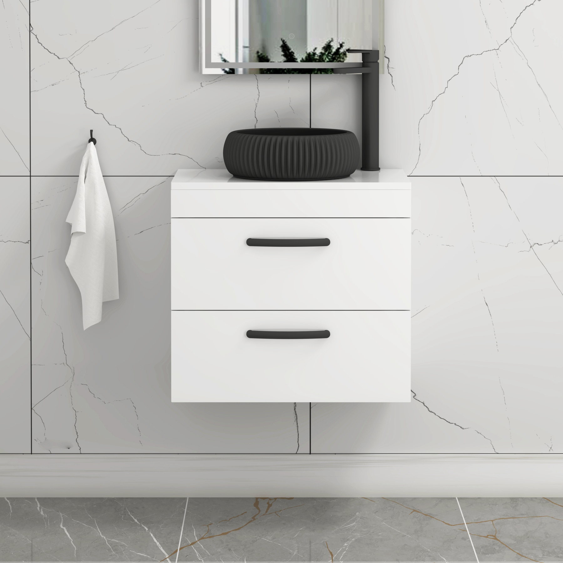 Turin 800mm Wall Hung Vanity Unit 2 Drawer Gloss White & Countertop Basin - Milan Black