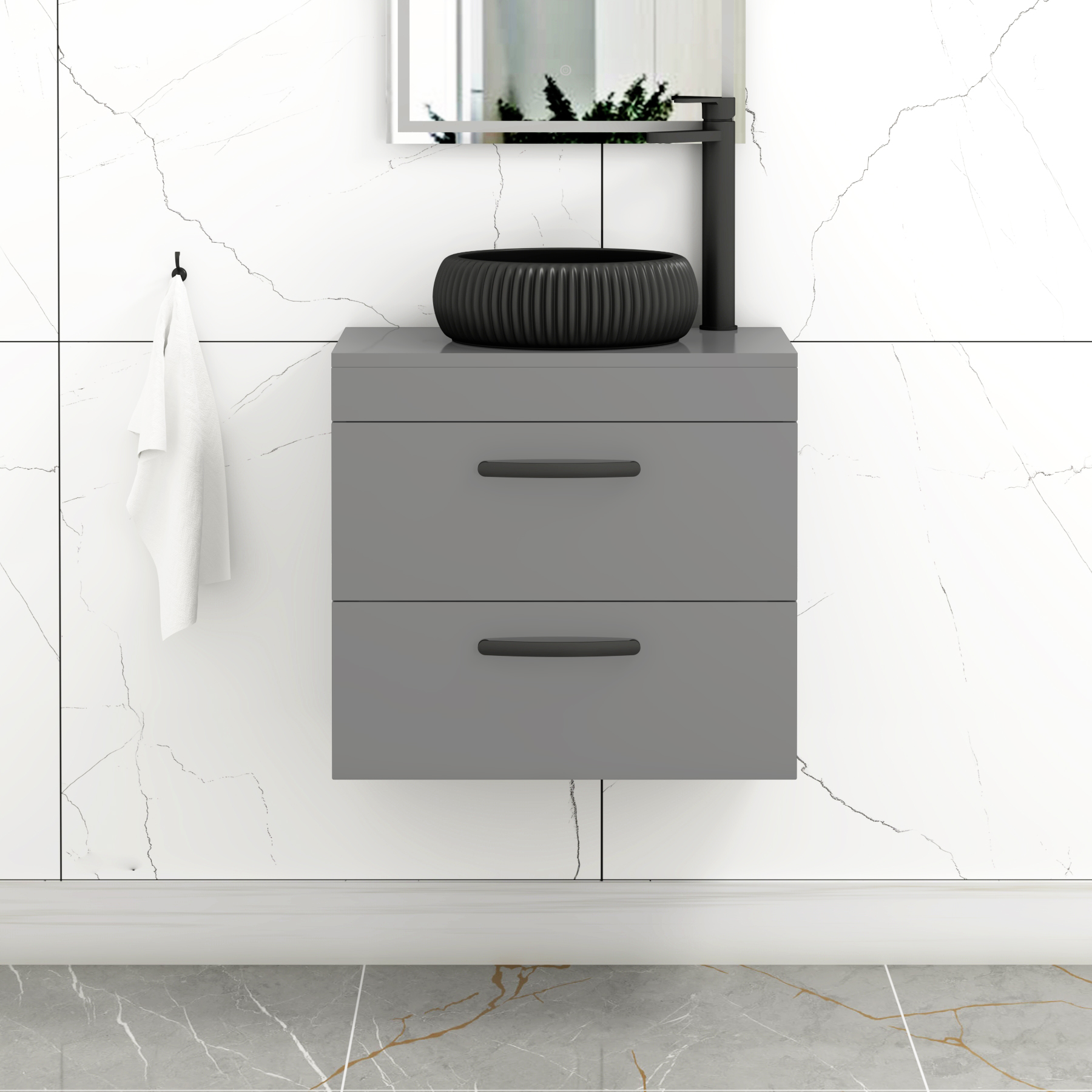Turin 600mm Wall Hung Vanity Unit 2 Drawer Indigo Grey Gloss & Countertop Basin - Milan Black