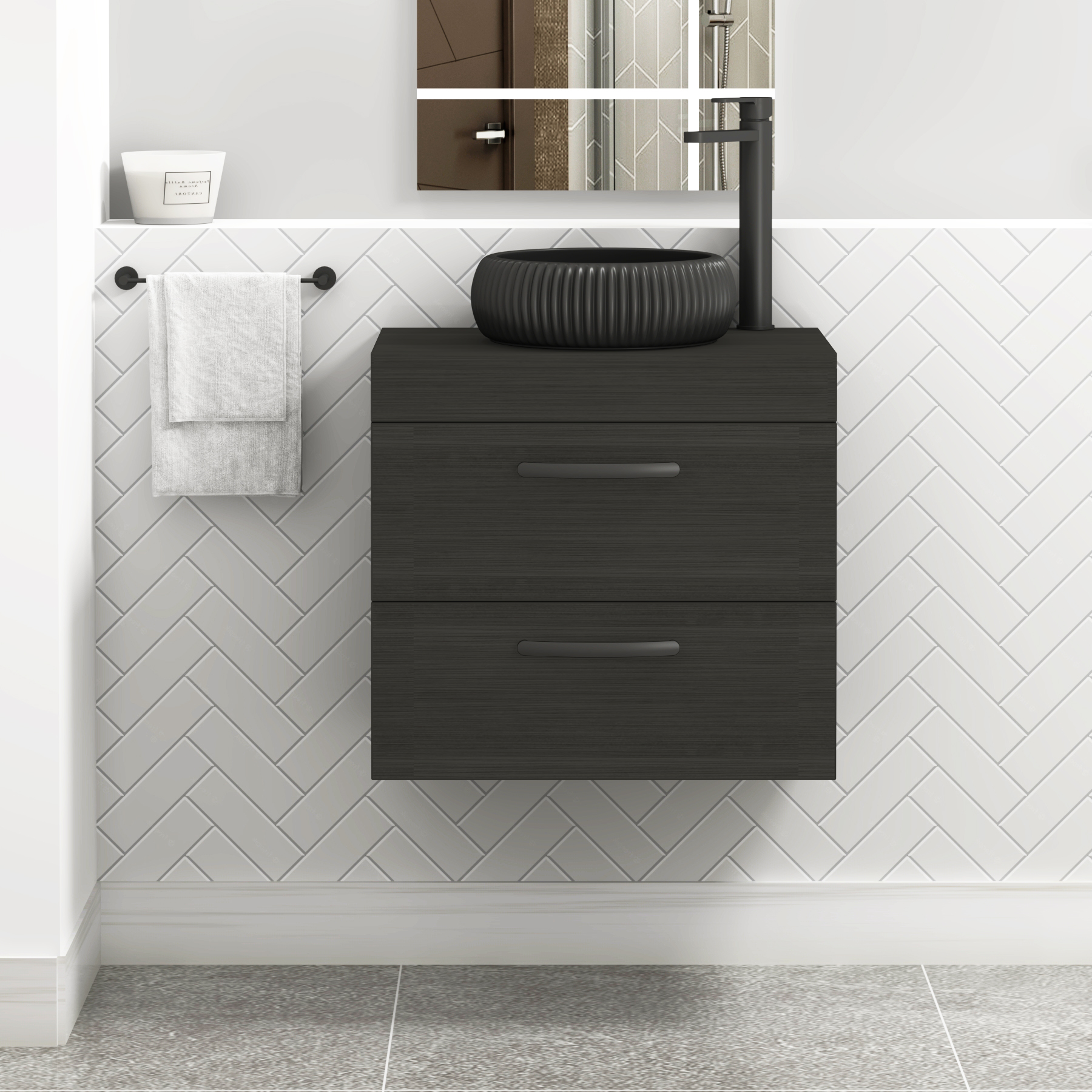 Turin 600mm Wall Hung Vanity Unit 2 Drawer Hale Black & Countertop Basin - Milan Black