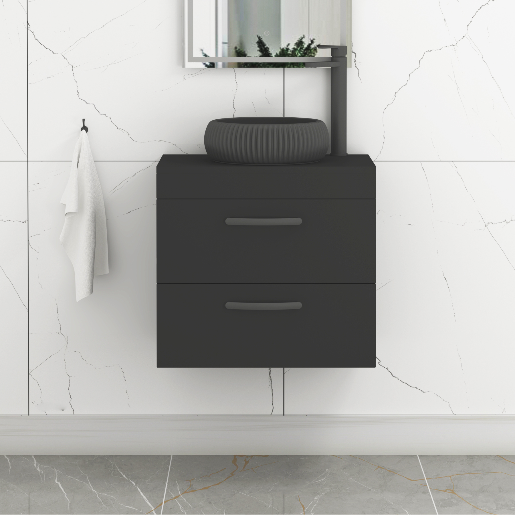 Turin 500mm Wall Hung Vanity Unit 2 Drawer Matte Black & Countertop Basin - Milan Black
