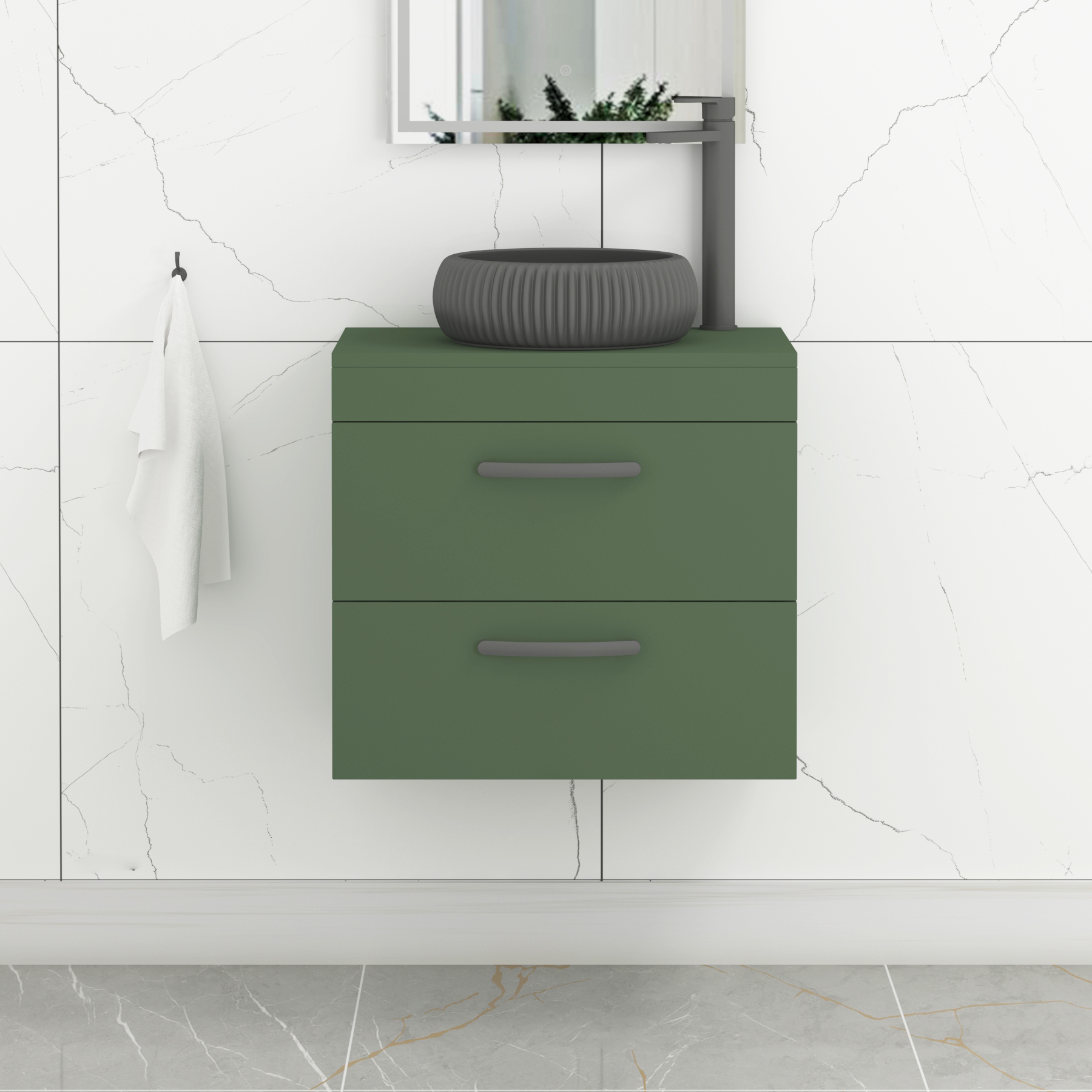 Turin 800mm Wall Hung Vanity Unit 2 Drawer Matte Green & Countertop Basin - Milan Black