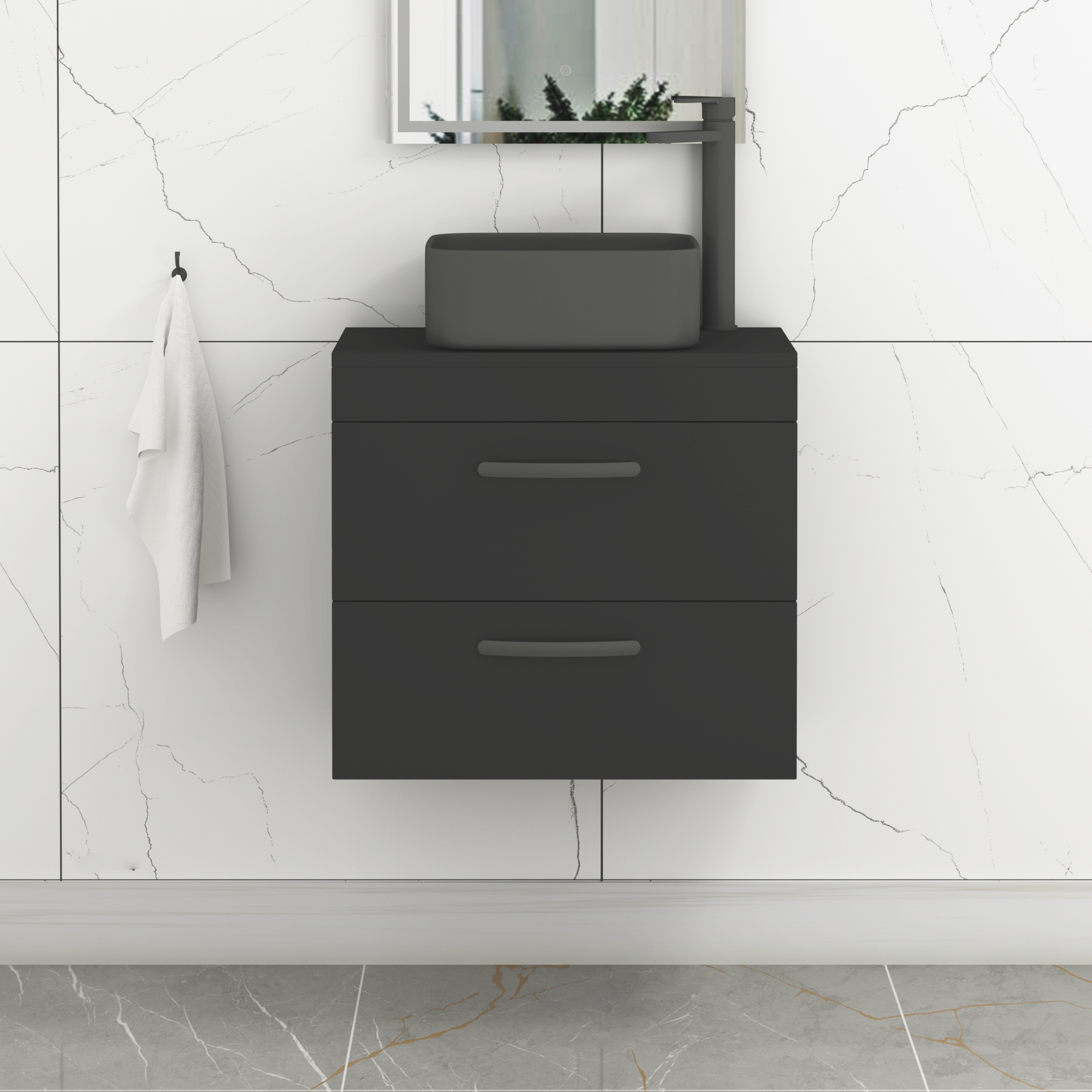 Turin 800mm Wall Hung Vanity Unit 2 Drawer Matte Black & Countertop Basin - Art Square