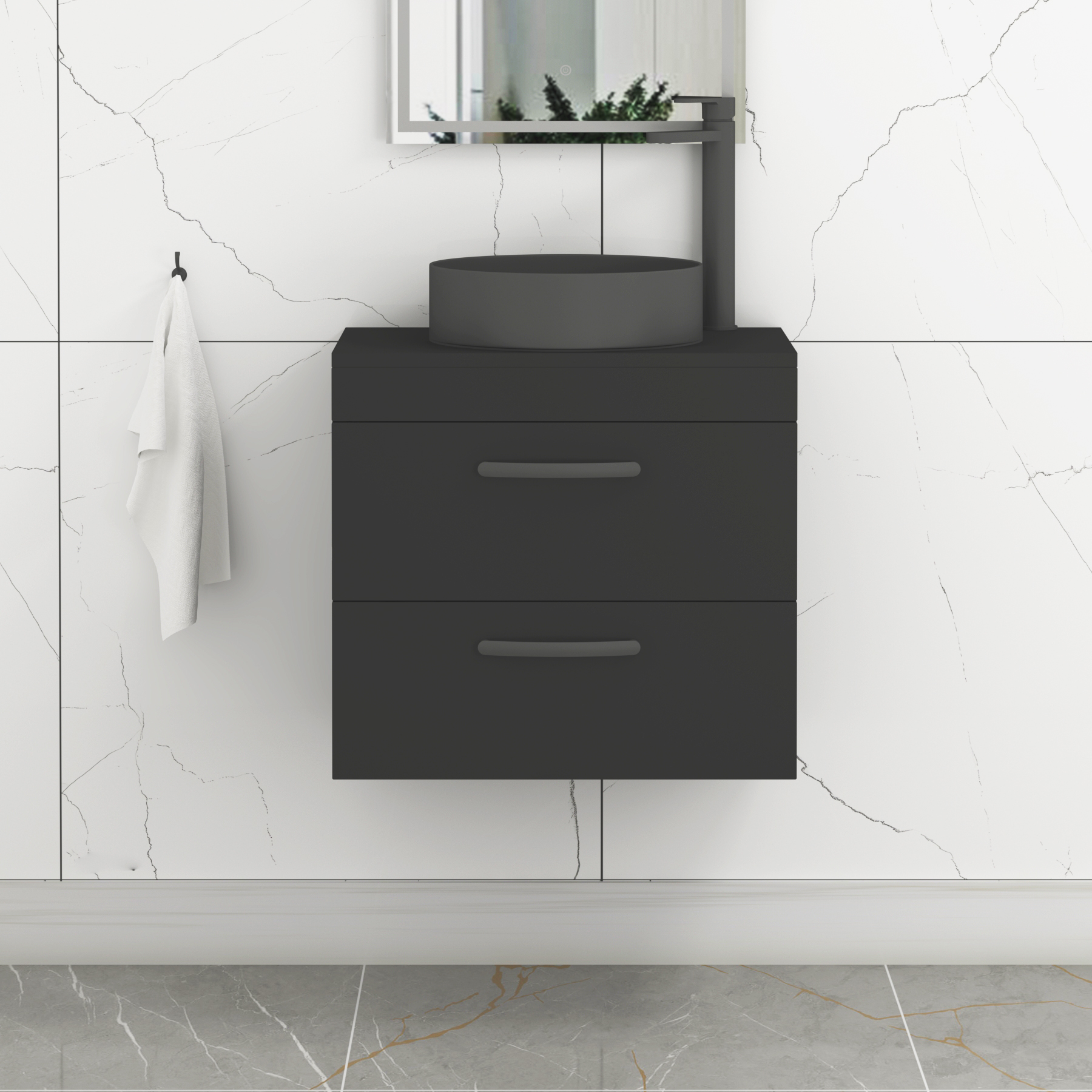 Turin 600mm Wall Hung Vanity Unit 2 Drawer Matte Black & Countertop Basin - Art Round