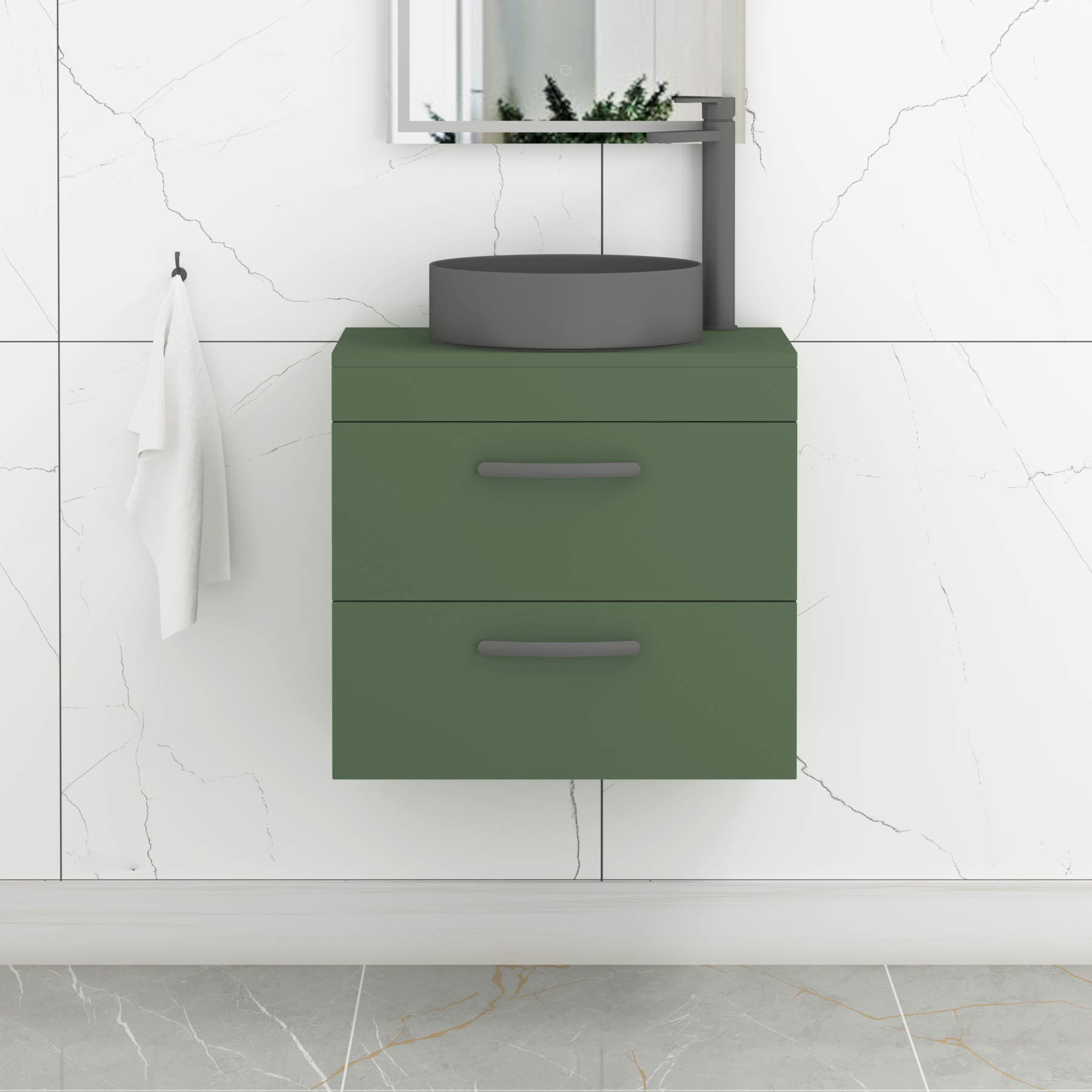 Turin 800mm Wall Hung Vanity Unit 2 Drawer Matte Green & Countertop Basin - Art Round